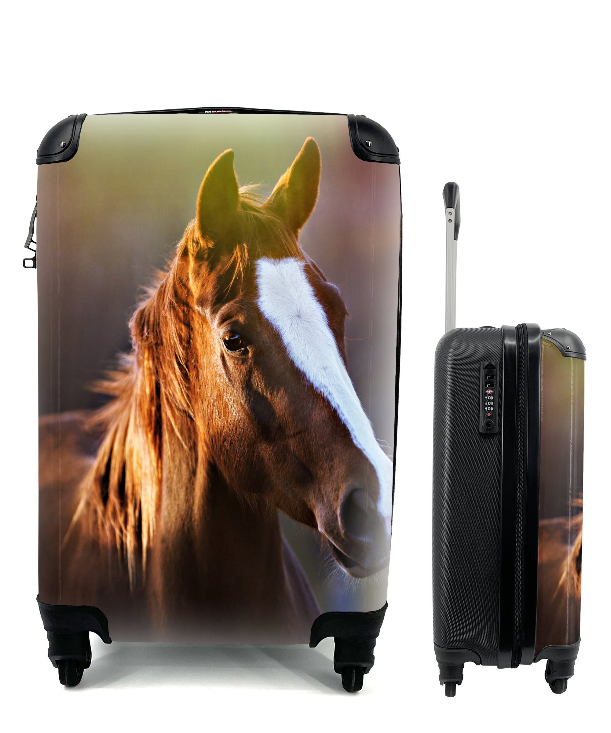 MuchoWow Handgepäckkoffer Porträt eines braunen Pferdes in der Sonne, 4 Rollen, Reisetasche mit rollen, Handgepäck für Ferien, Trolley, Reisekoffer