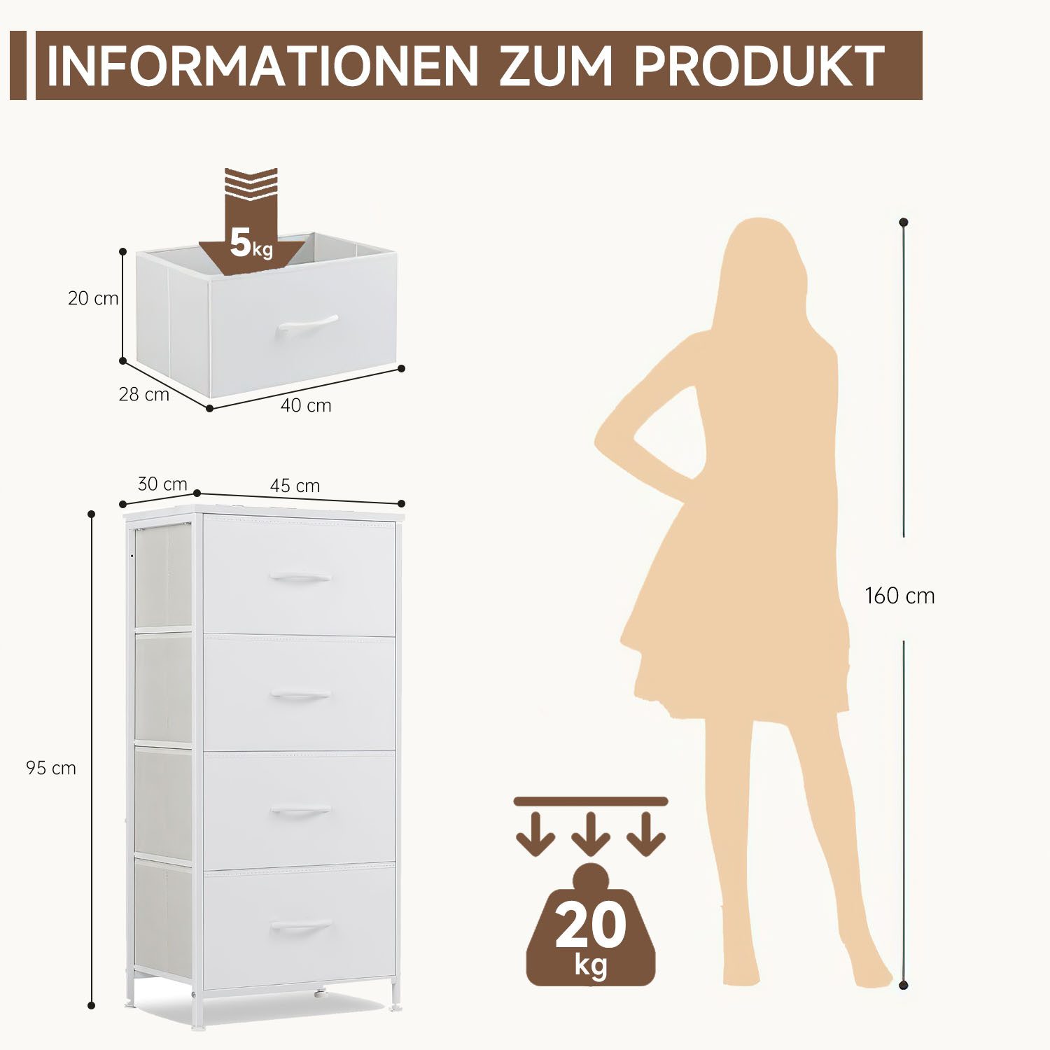 Refined Living Kommode Schubkastenkommode mit 2/4/5 /7/8/9 Schubladen stabilem Stahlrahmen (Beistelltisch mit Holzoberfläche und Stoffschubladen Modernes Design, Kommode Wohnzimmer mit Stabiler Stahlrahmen, Holzplatte 95cm Hoch), Kommode Geeignet für Kleidung, Kinder, Wohnräume, Flure, Eingänge