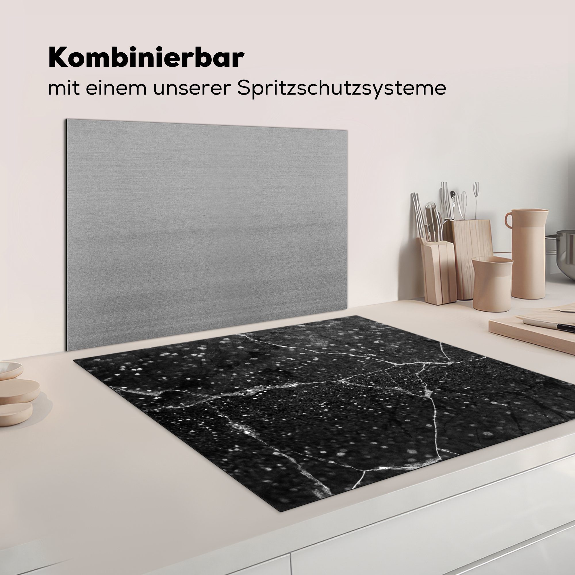 Marmor küche 78x78 tlg), Vinyl, (1 - Arbeitsplatte cm, für Herdblende-/Abdeckplatte - MuchoWow Schwarz Ceranfeldabdeckung, Weiß,