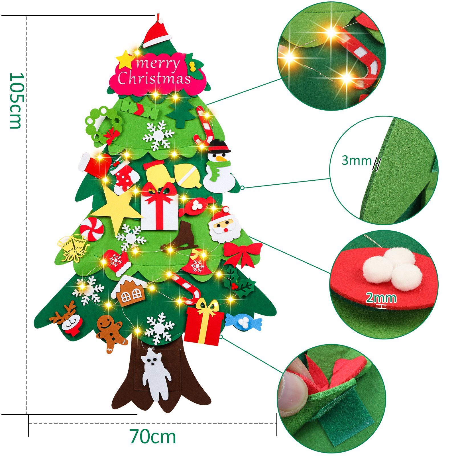 Künstlicher Weihnachtsbaum DIY LED 5m mit Lichterkette,warmweiß Filz Lospitch Weihnachtsbaum