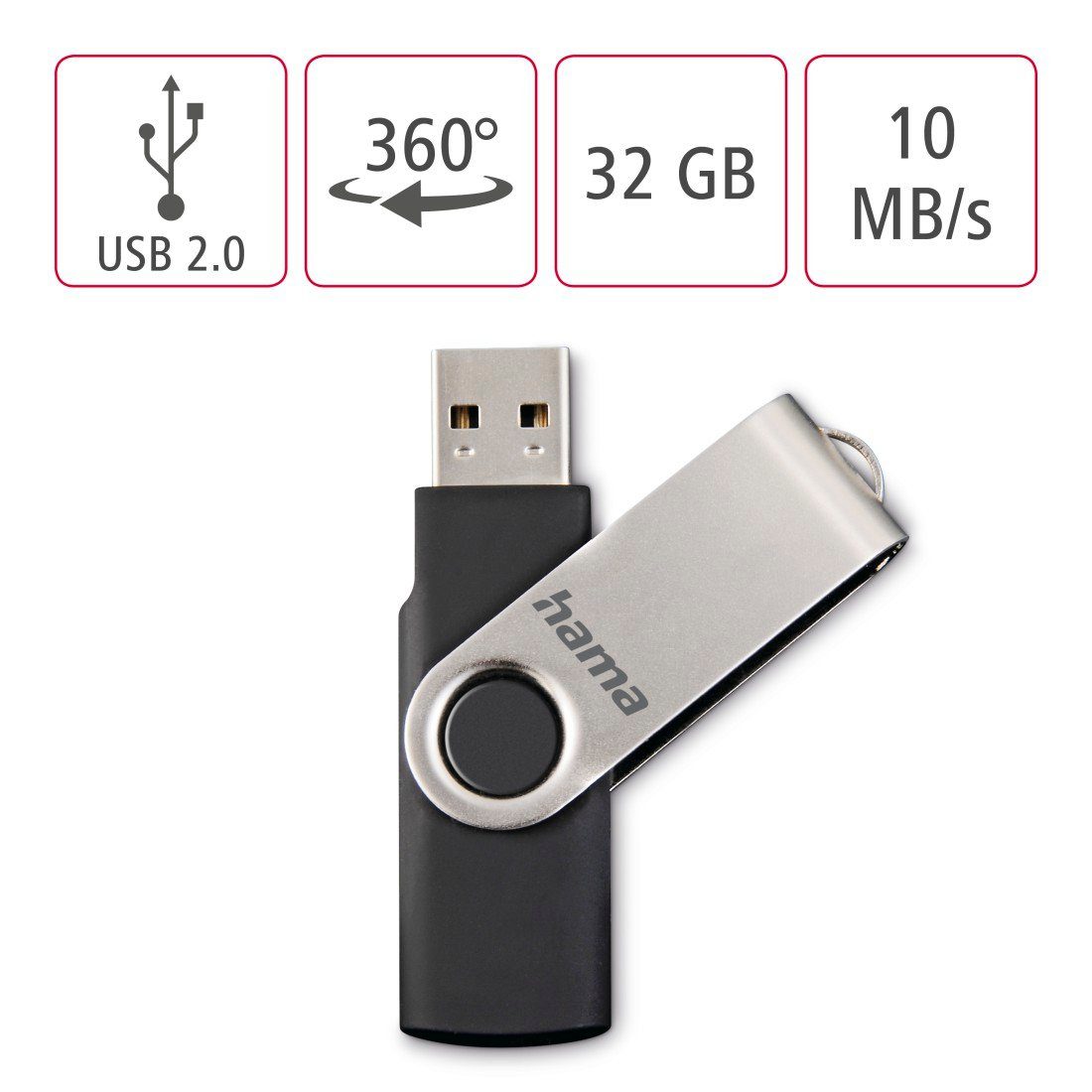 Hama Rotate, USB 2.0, Schwarz/Silber USB-Stick (USB 2.0)