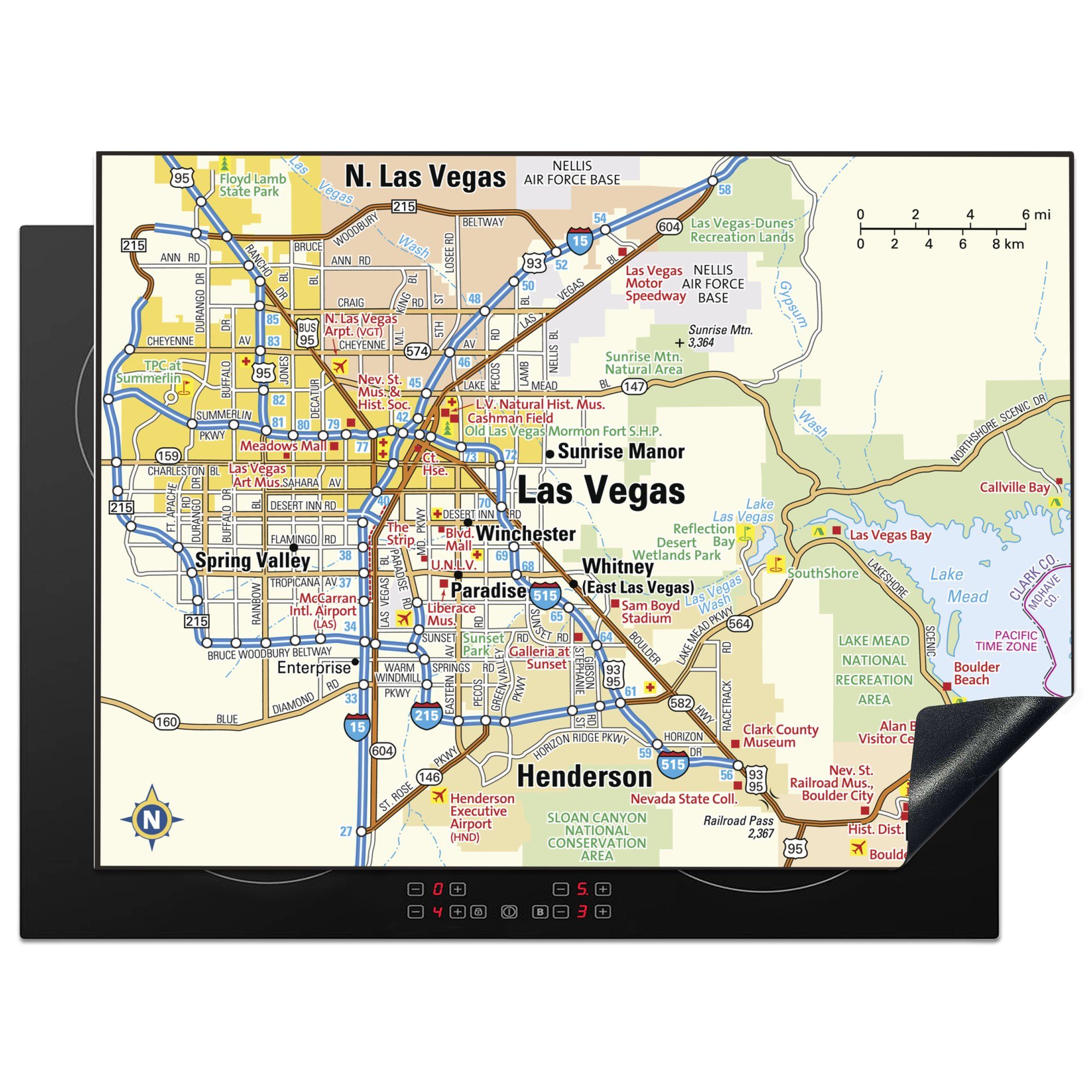 MuchoWow Herdblende-/Abdeckplatte Illustration einer Karte von Las Vegas, Vinyl, (1 tlg), 70x52 cm, Mobile Arbeitsfläche nutzbar, Ceranfeldabdeckung