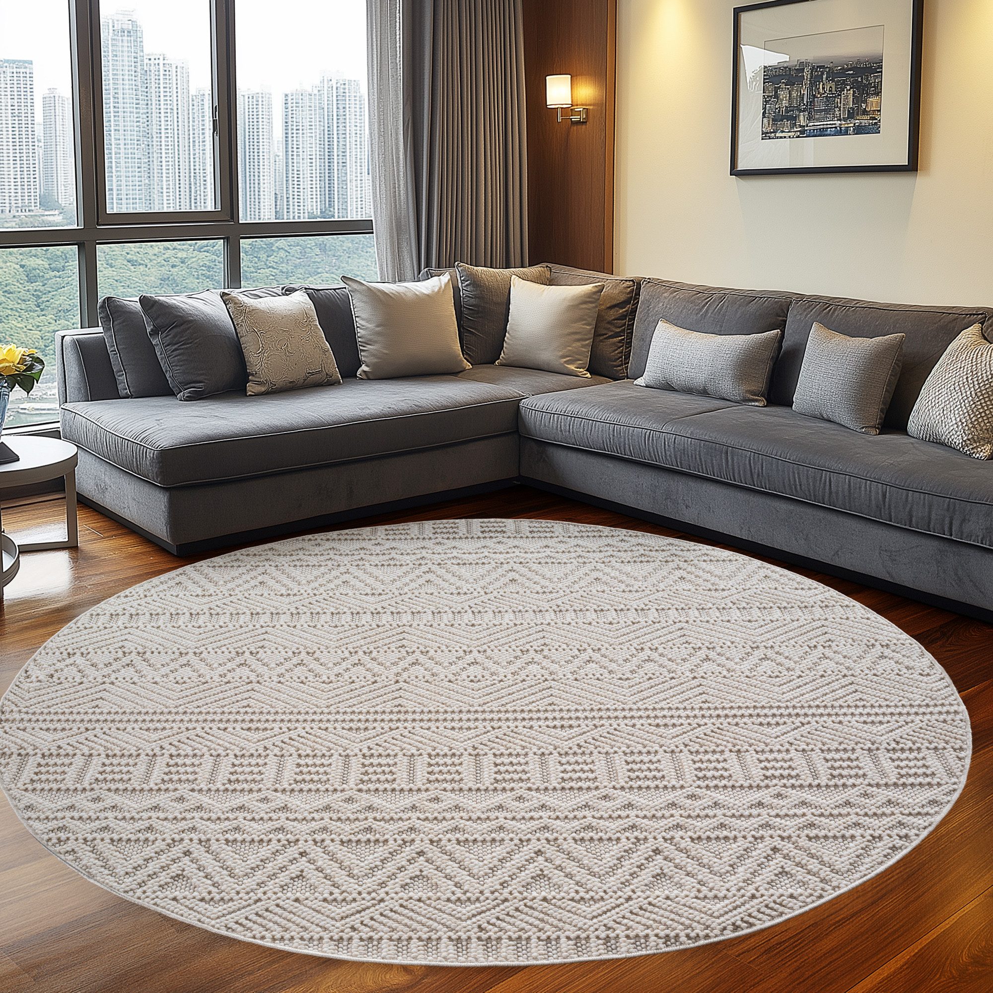 Teppium Teppich Skandinavisches Vintage-Muster auf Bouclé-Teppich, Rund, Höhe: 20 mm, Kurzflor Schlingen Teppich Creme Boucle-Loop Wohnzimmer Teppich