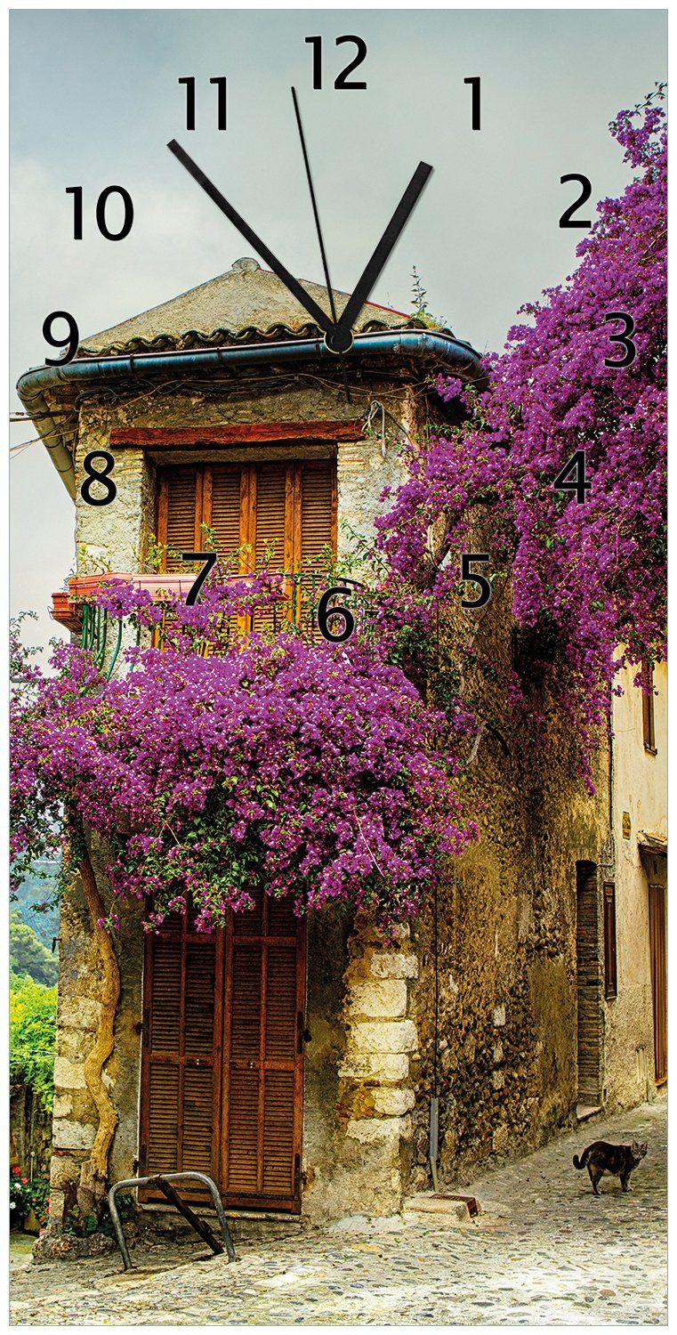 Wallario Wanduhr Malerische Stadt in der Provence mit bunten Blumen (Uhr aus Acryl)