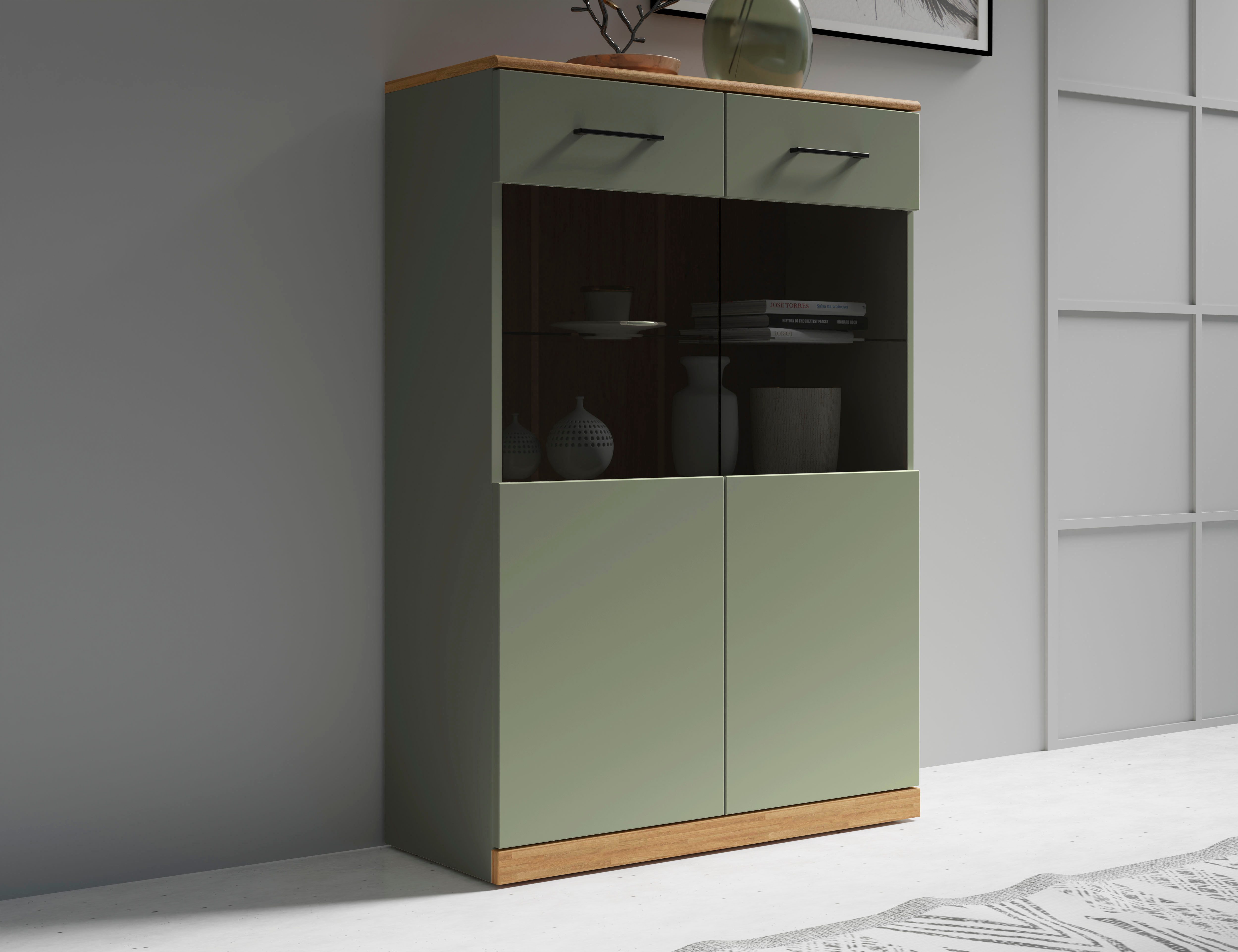 OTTO home Highboard Ribe,125cm hoch,87cm breit,4 breite Fächer, Oberplatte Eiche massiv,dunkles Glas, schwarze Metall Griffe