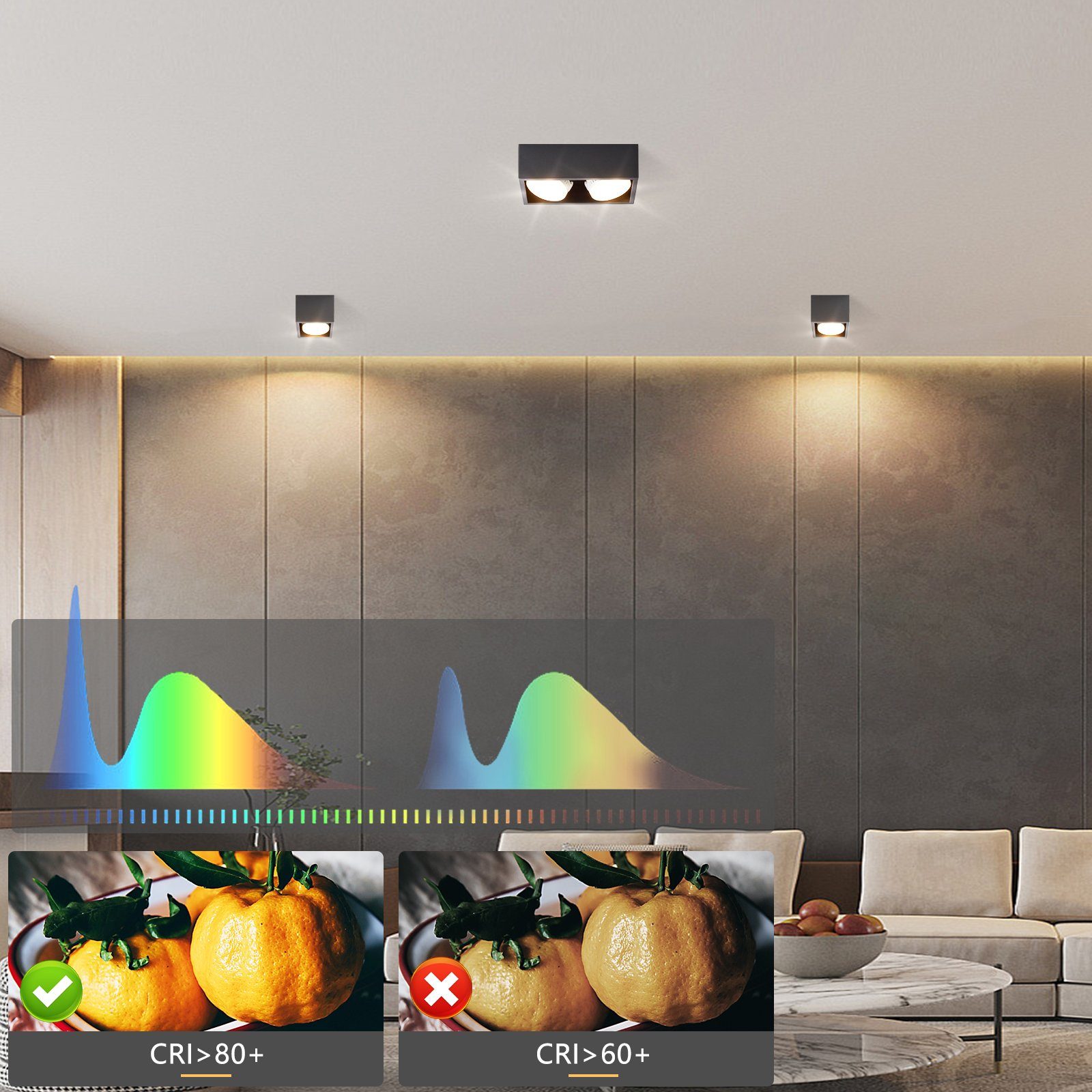 Wohnzimmer, LED Aufputz Schwarz LED 3000k, Küche integriert, Weiß - Deckenspots für GX53, Aufbauleuchte Warmweiß LED fest 2 Deckenstrahler Flammig mit Aufbaustrahler ZMH