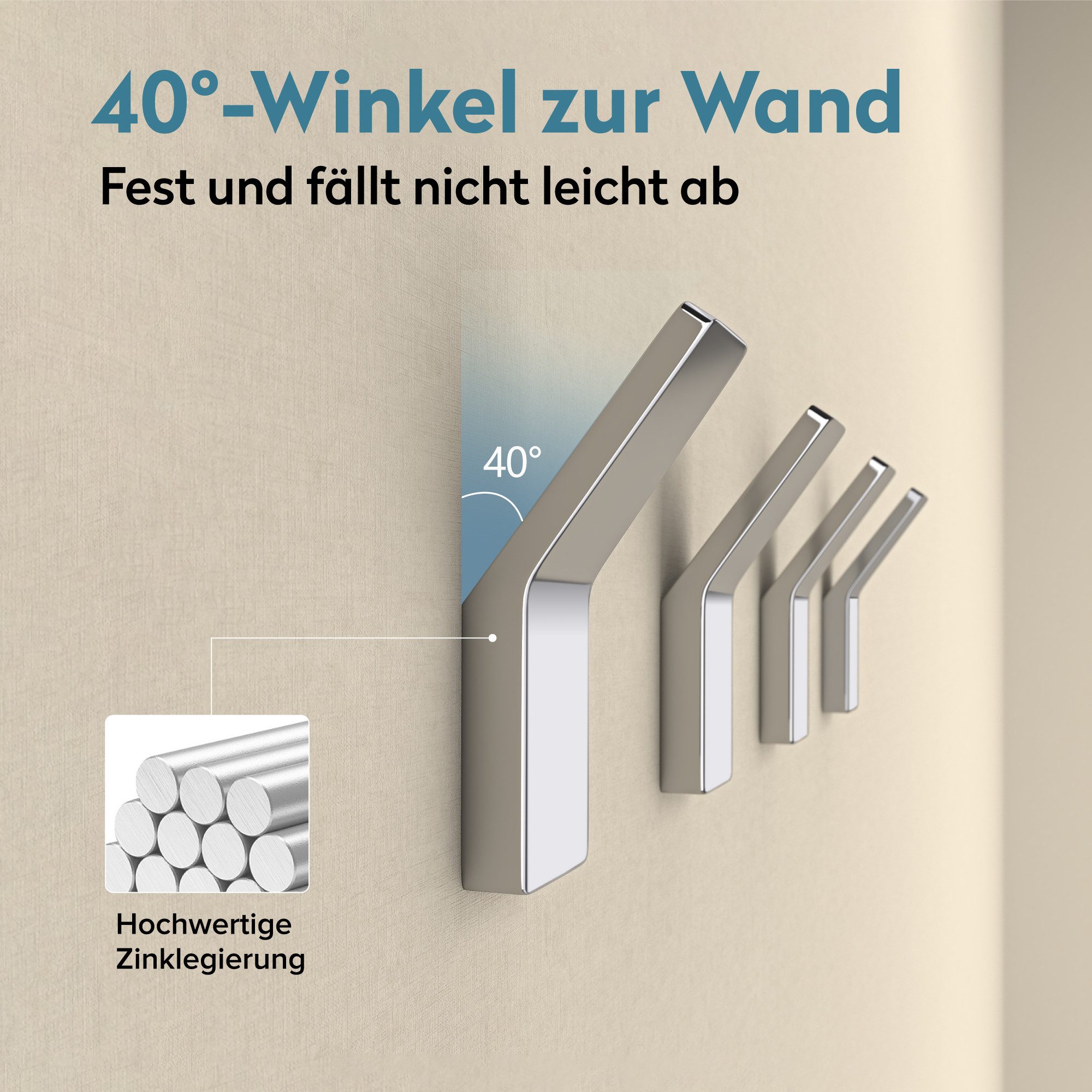 doporro Wandhaken Handtuchhaken Klebehaken aus Zinklegierung ohne Bohren Stalo-13, (4-St), 40° Wandneigung, Zinklegierung in einem Stück gegossen