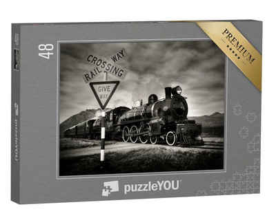 puzzleYOU Puzzle Alte Dampflokomotive, Kingston, Neuseeland, 48 Puzzleteile, puzzleYOU-Kollektionen Eisenbahn, Lokomotive, Schwarz-Weiß