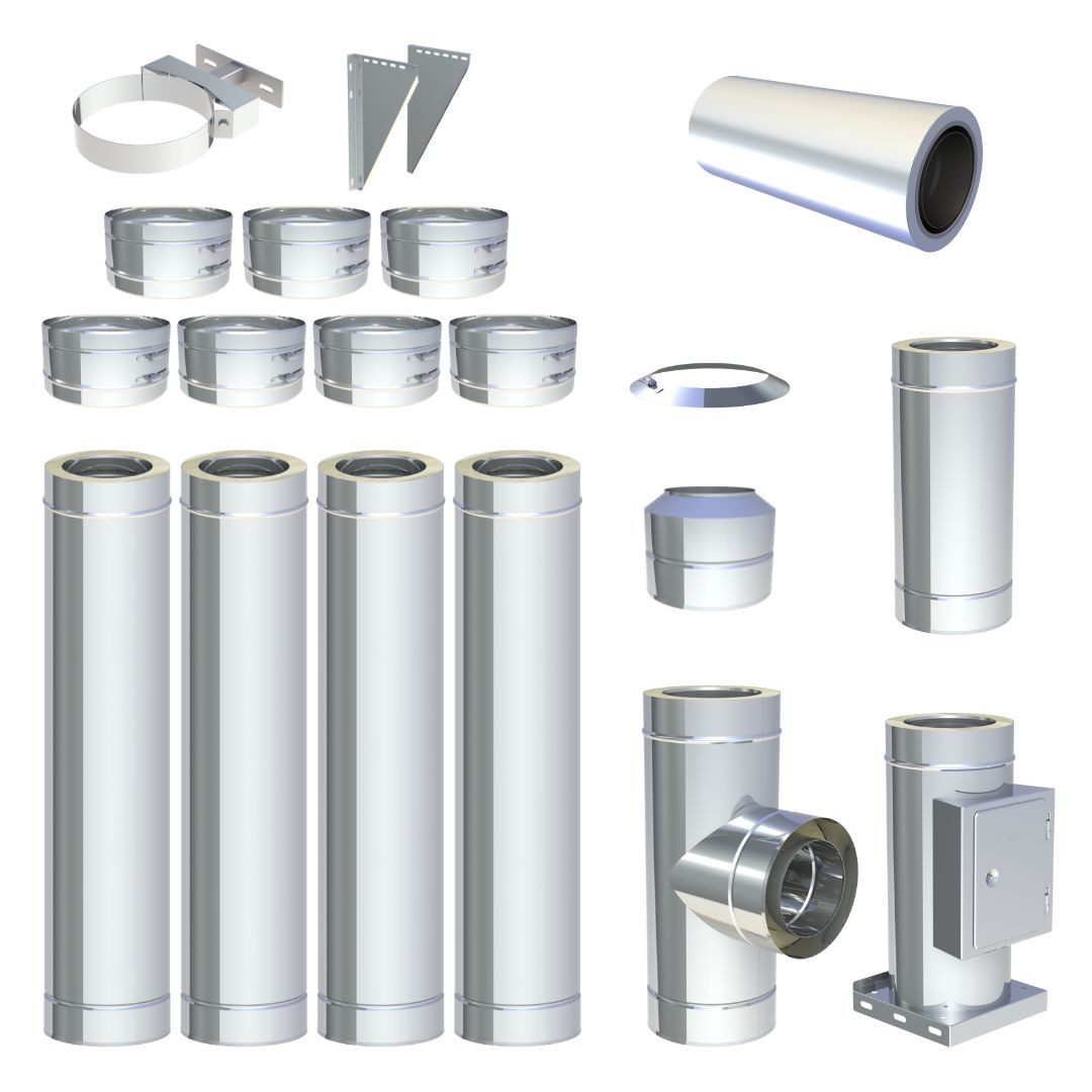 Jeremias Schornstein Ø130mm 5 m DW FU Doppelwandiges Schornstein Set Wandmontage Hochglanz, Ø 130 mm