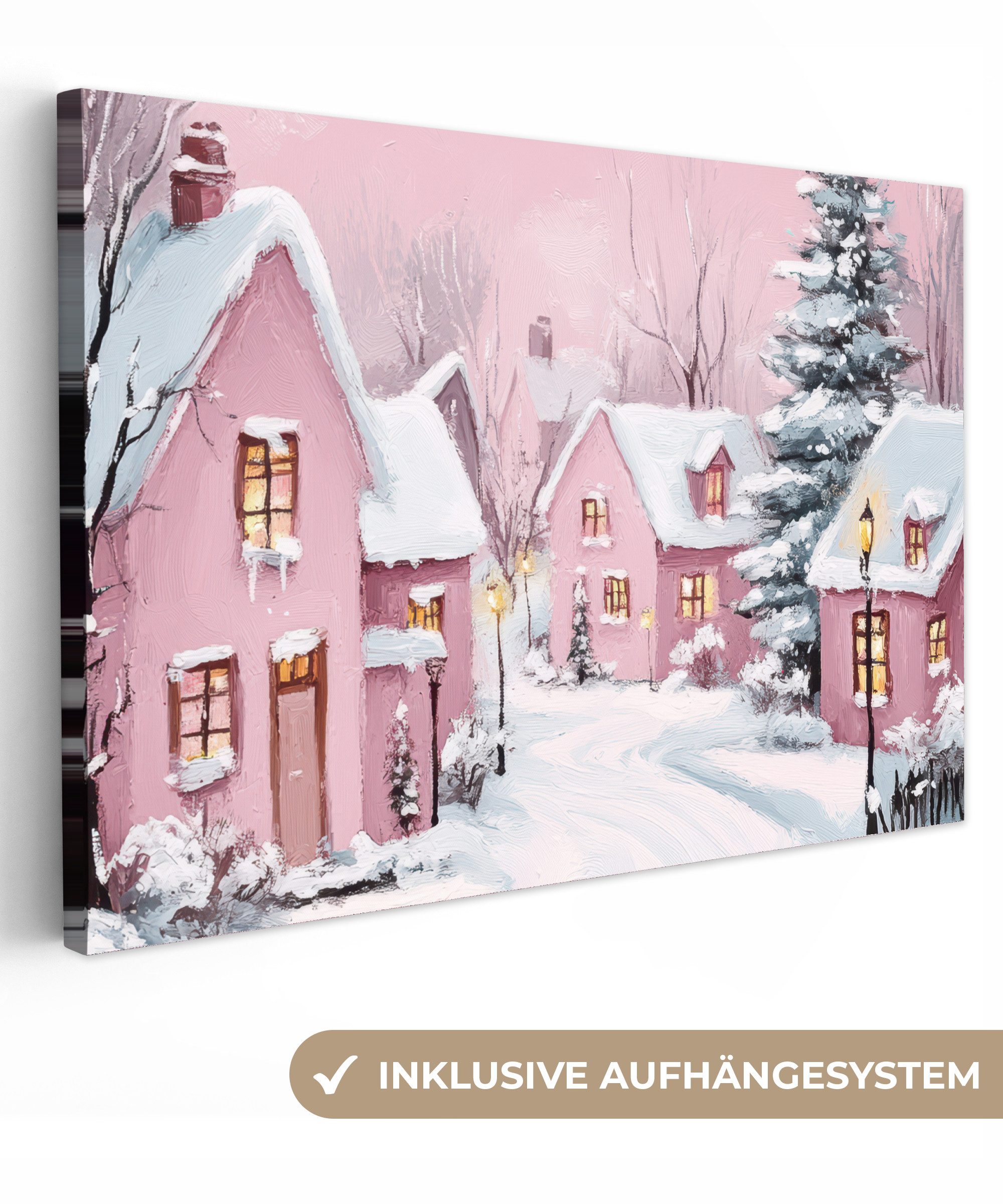 OneMillionCanvasses® Leinwandbild Weihnachtsdorf - Rosa - Winter - Schnee - günstig online kaufen