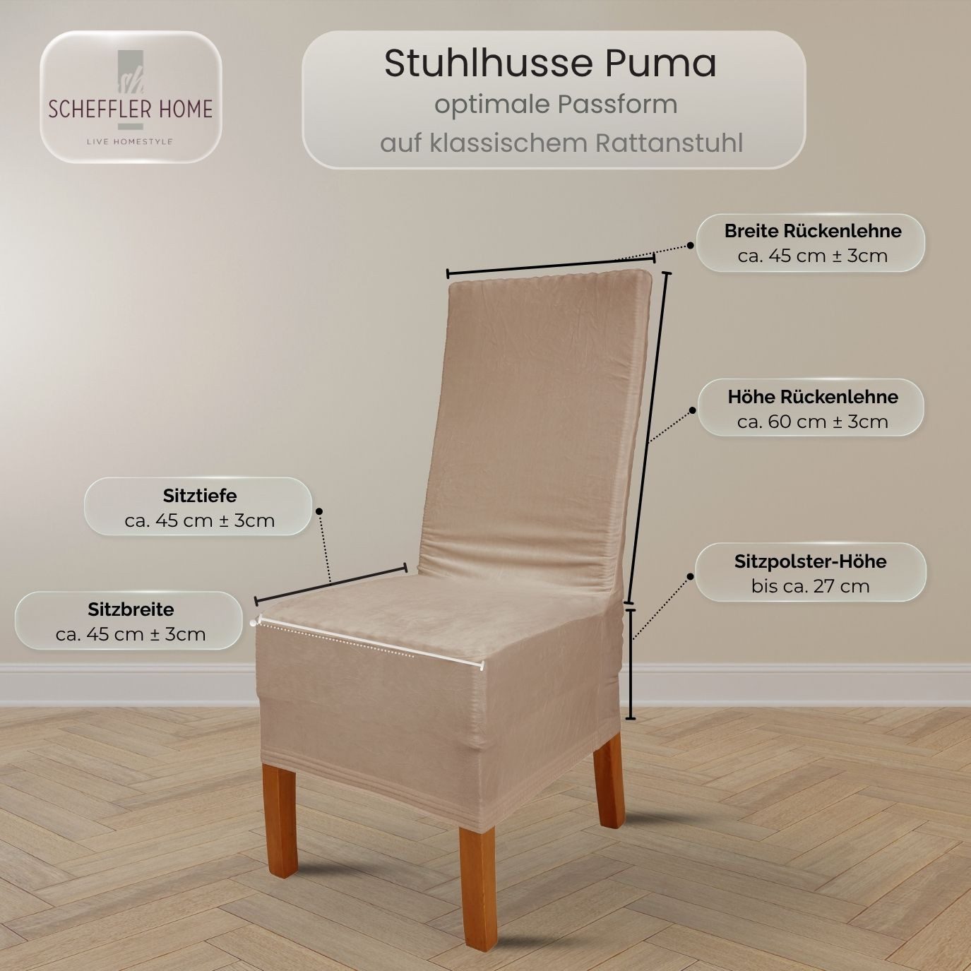 sh SCHEFFLER-HOME LIVE HOMESTYLE Stuhlhusse VelvetFit Puma – elastischer Stuhlbezug, für große Stühle, Samt-Optik, Idealmaße 46×66 cm Rückenlehne
