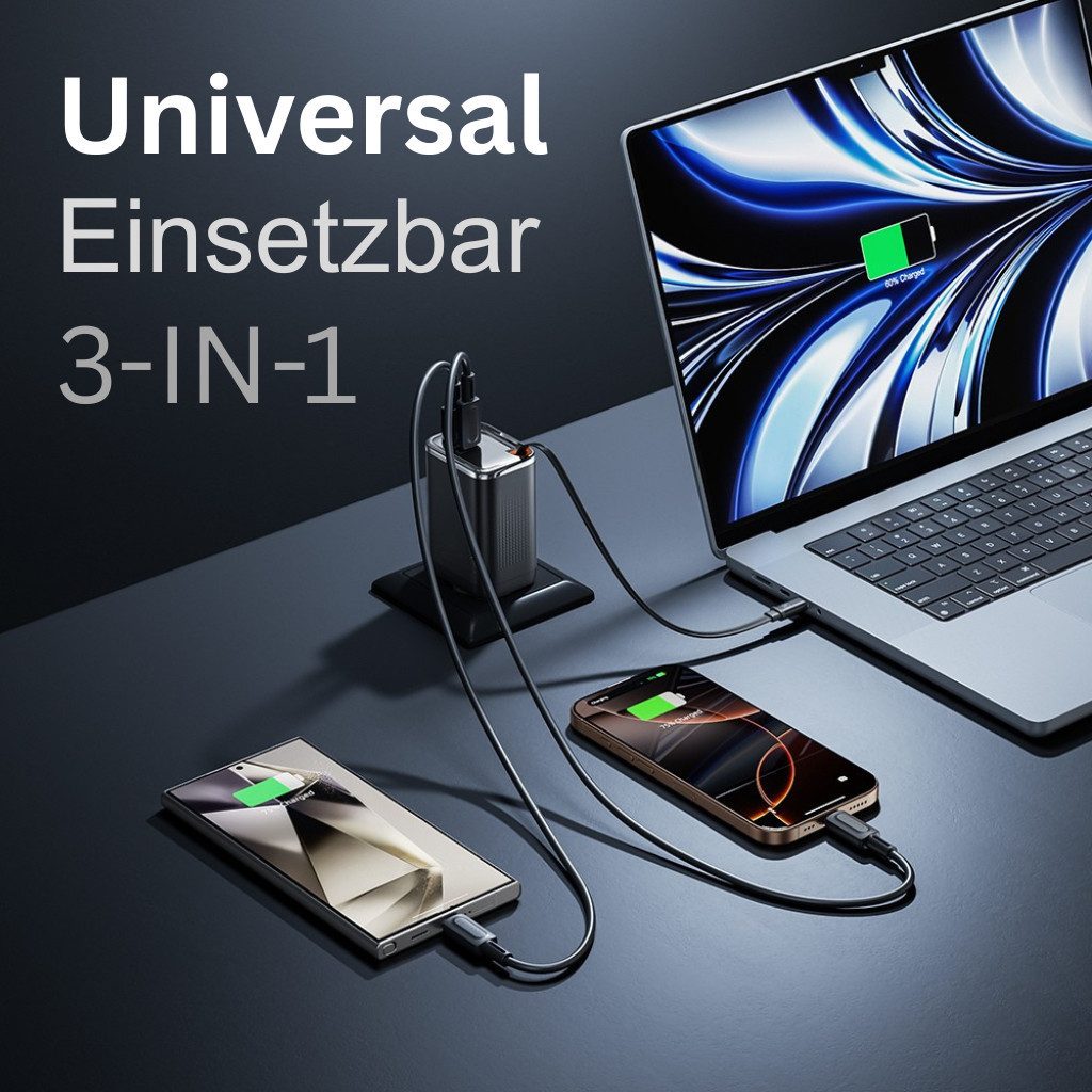 Alpha Electronics 65W GaN 3-Port USB C Ladegerät mit Einziehbarem Schnellladekabel Universal-Ladegerät (3250 mA, Spar-Set, 1-tlg., Kompaktes Reise-Netzteil für Smartphone, Tablet & Laptop Schwarz Weiß, 3-in-1 Schnellladegerät, PD Fast Charger mit USB-C & USB-A Ports)