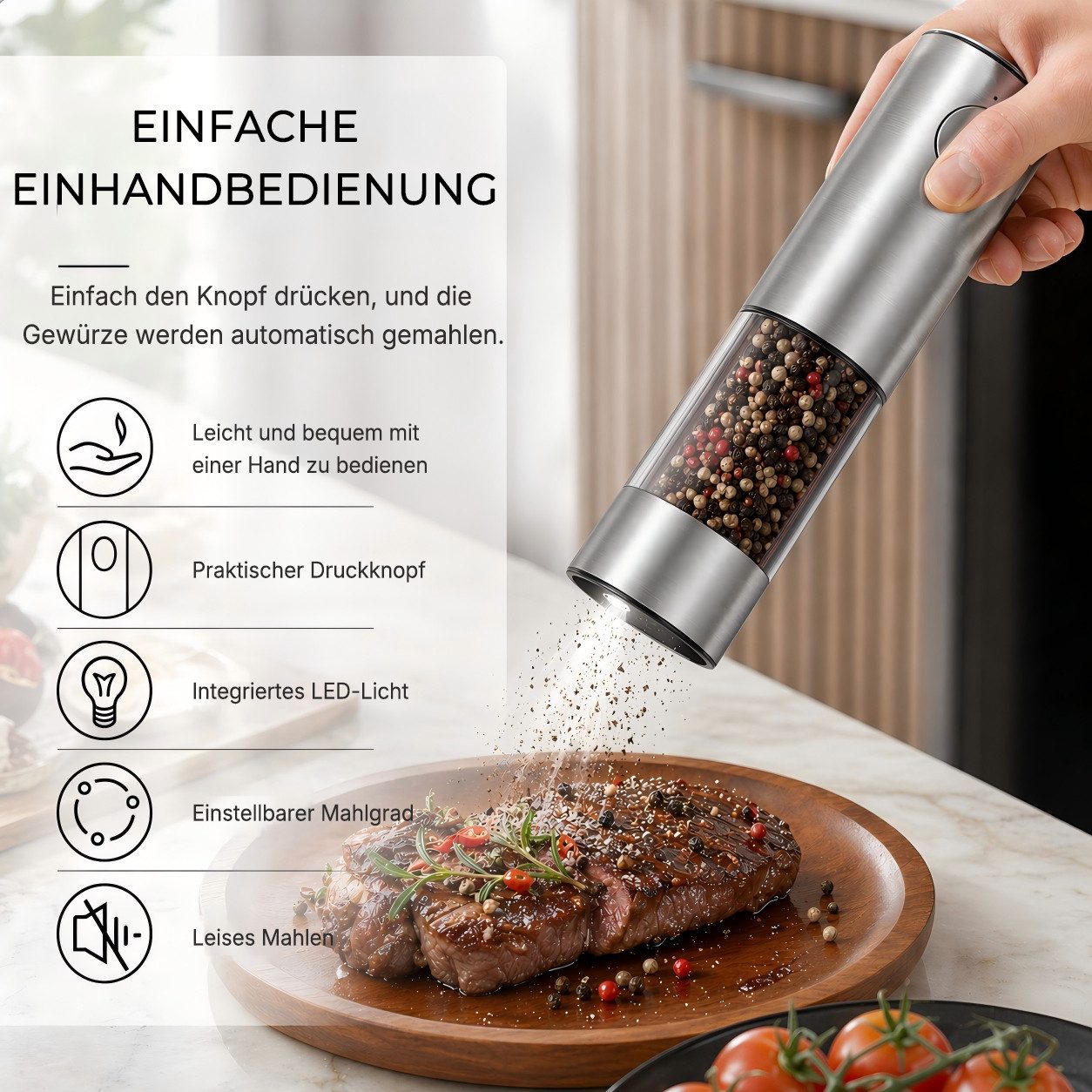 Futicare Salz-/Pfeffermühle Elektrisch 2er Set Gewürzmühle mit Magnet-USB-C-Ladestation, XXL 95ml,Edelstahl & Keramikmahlwerk, 5 Stufen & LED-Beleuchtung