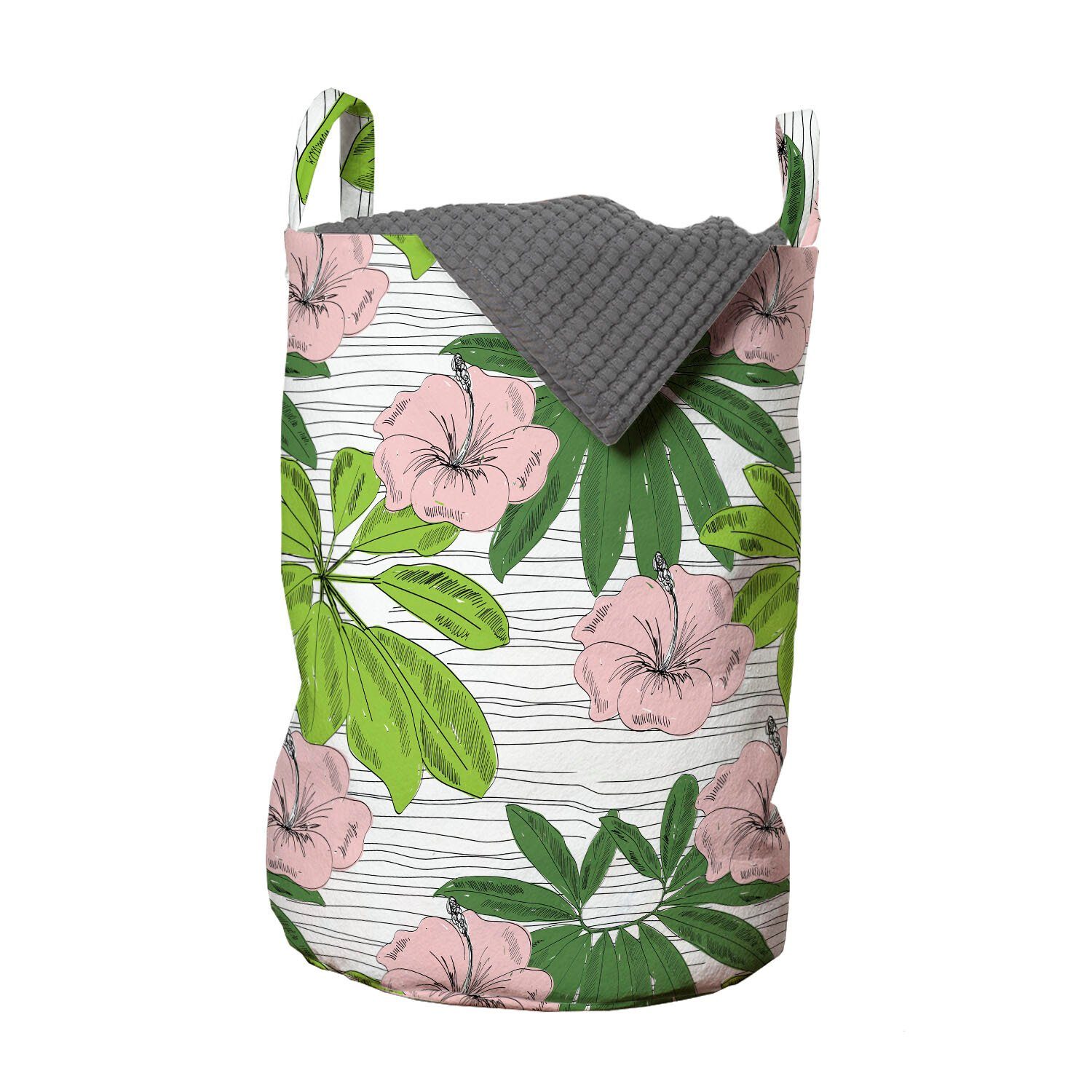 Abakuhaus Wäschesäckchen Wäschekorb mit Griffen gezeichnet Waschsalons, Tropisch Hand Hibiscus Flora Kordelzugverschluss für