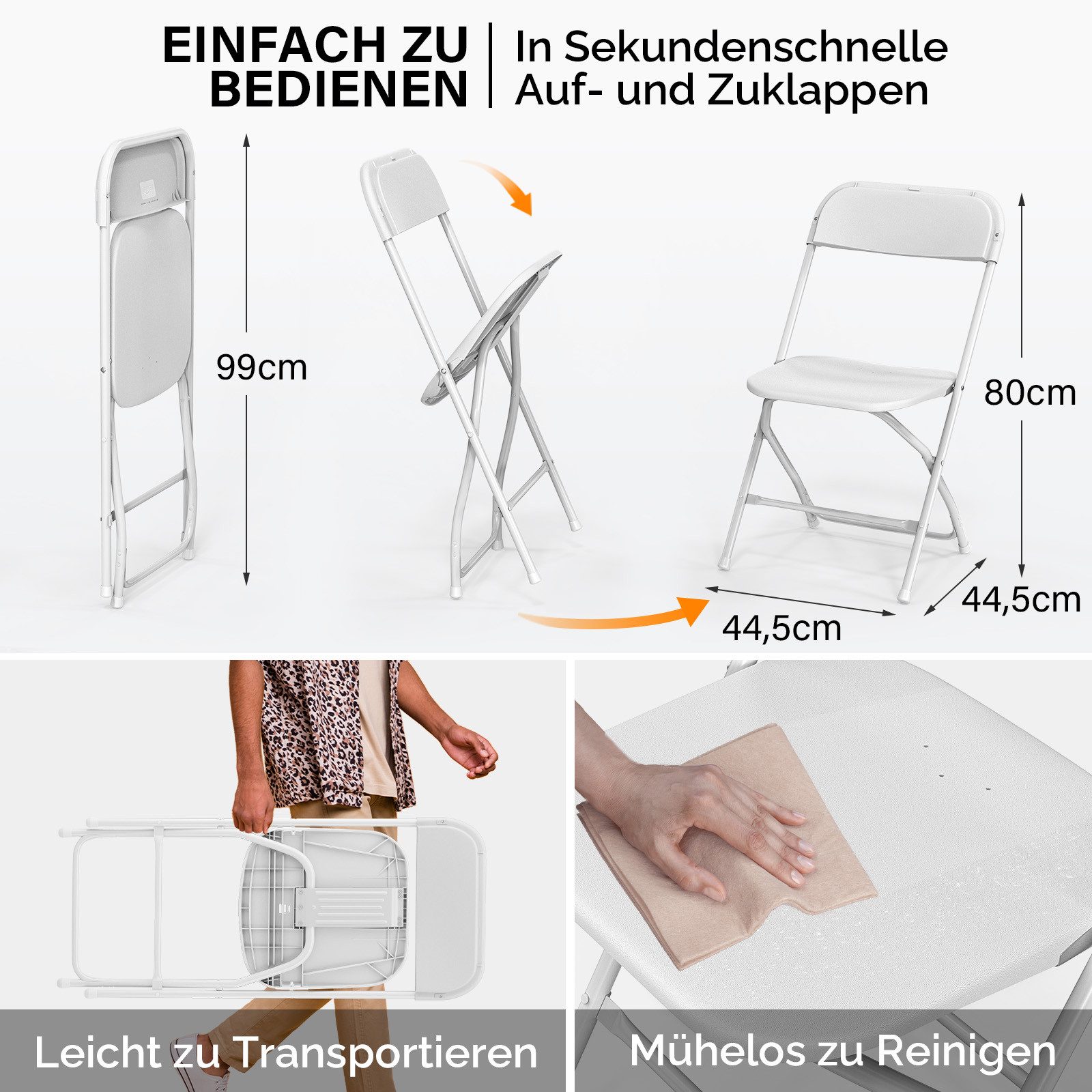 VINGLI Klappstuhl 2er/4er/6er/8er/10/12er Set, Klappstühle aus Metall & Kunststoff (4 St), für Innen- & Außenbereich, bis 159KG, Schwarz/Weiß – Bild 3 von 5