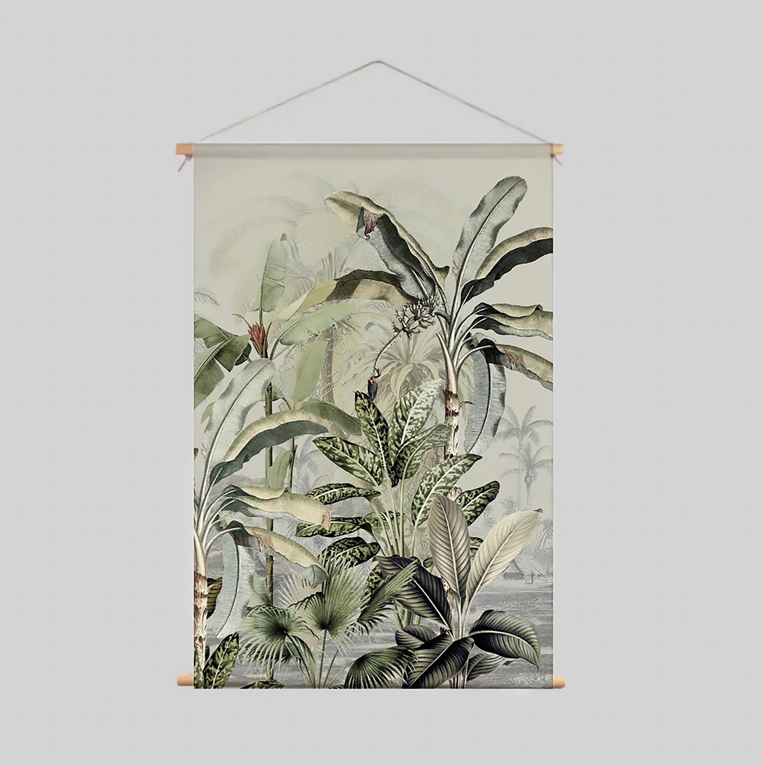 Cosy Home Ideas Wanddekoobjekt Wandbehang tropischer Dschungel bedruckt Stoff 90x130 cm Holzstäbe (1 Stück, 1x Wandbehang Stoff), knitterfreie waschbare Wanddeko grüne Erdtöne | Wandobjekte