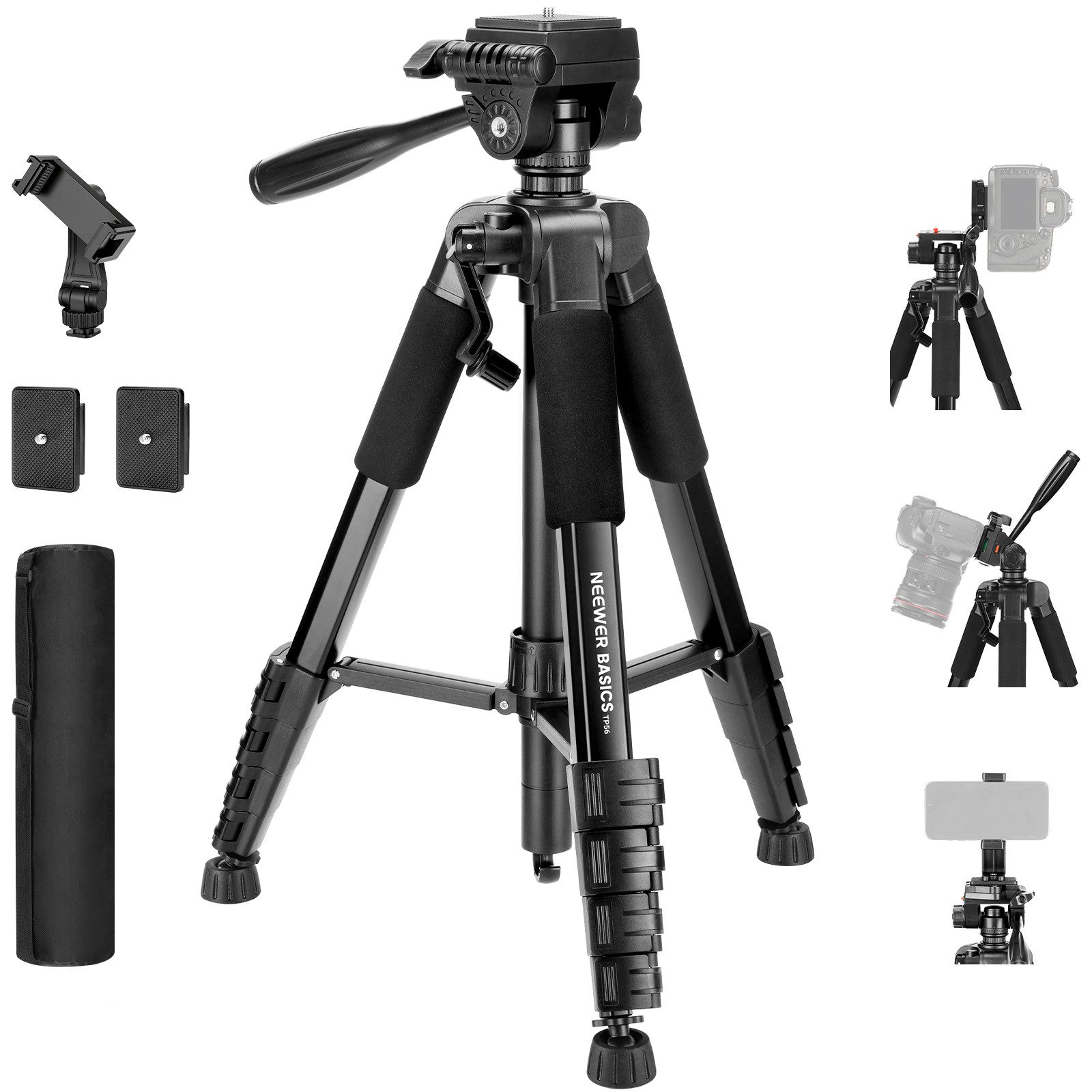 Neewer TP56 Basics Kamera Stativ, 188cm Tripod mit Handyhalterung Dreibeinstativ (leichtes, tragbares Reisestativ aus Aluminium mit 3 Wege Neigekopf)