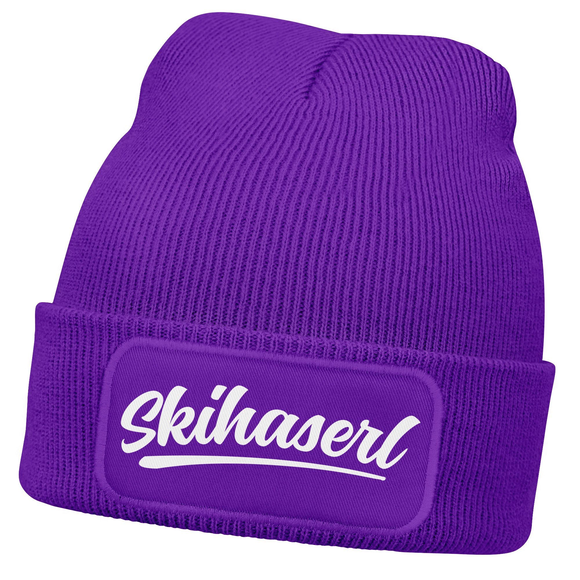 MoonWorks Strickmütze Damen Beanie mit Patch Skifahren Strickmütze mit Spruch Aufdruck
