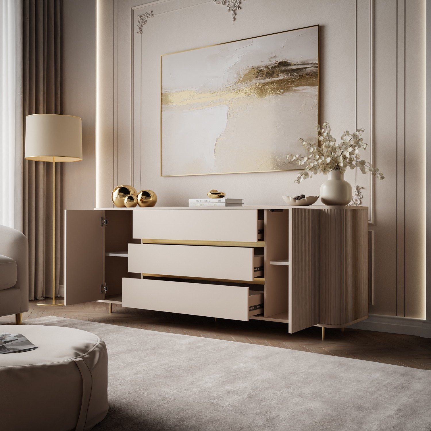 ALLHOUSE24 Kommode MIRACLE Sideboard Sandbeige mit Rillenfronten und abgerundeten Seiten (1x Kommode), Breite 180 cm
