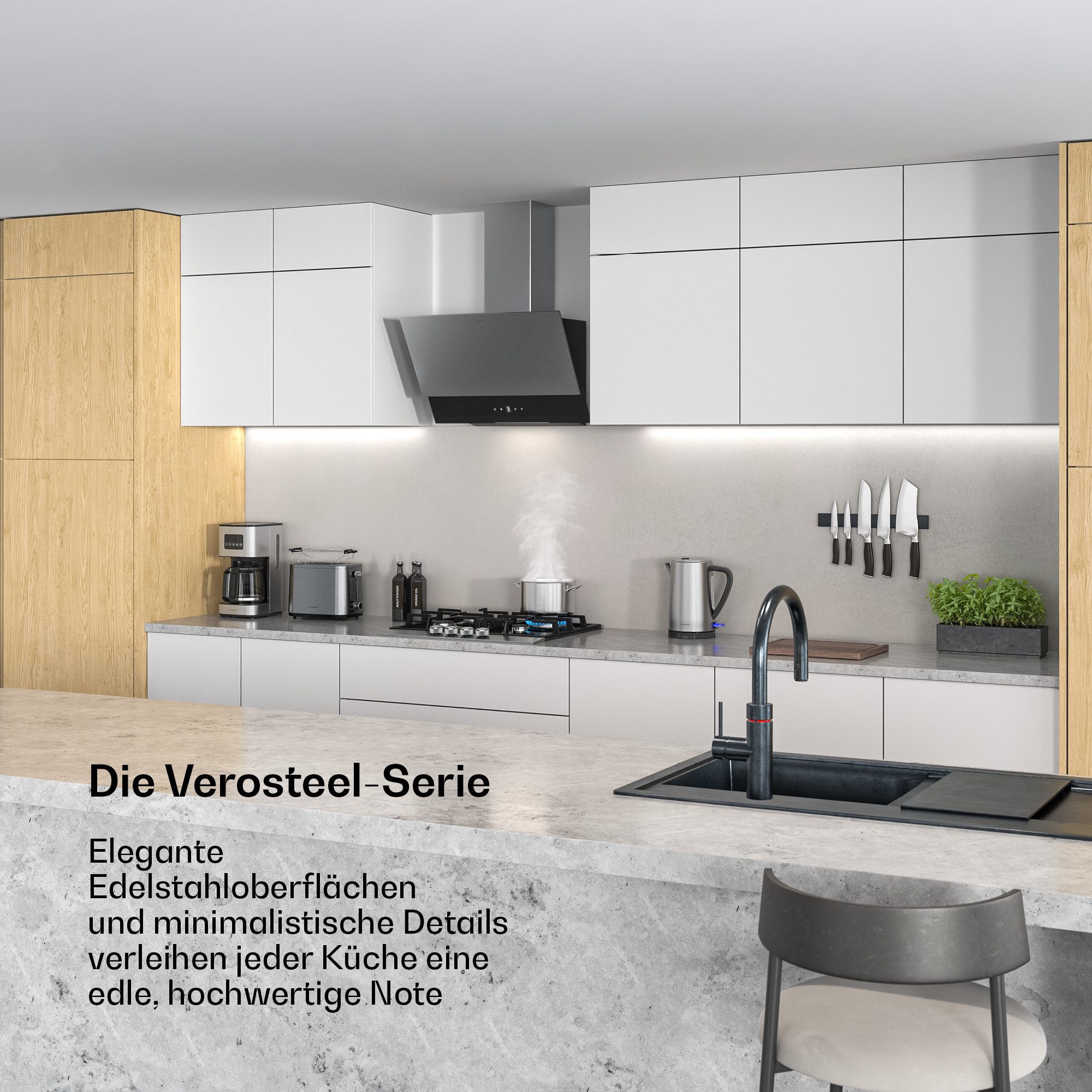 Klarstein Deckenhaube VeroSteel Serie Verosteel Wandhaube 60 cm 624 m³/h A++ Touch LED kopffrei Edelstahl VeroSteel, Dunstabzugshaube kopffrei Umluft Abluft Glas