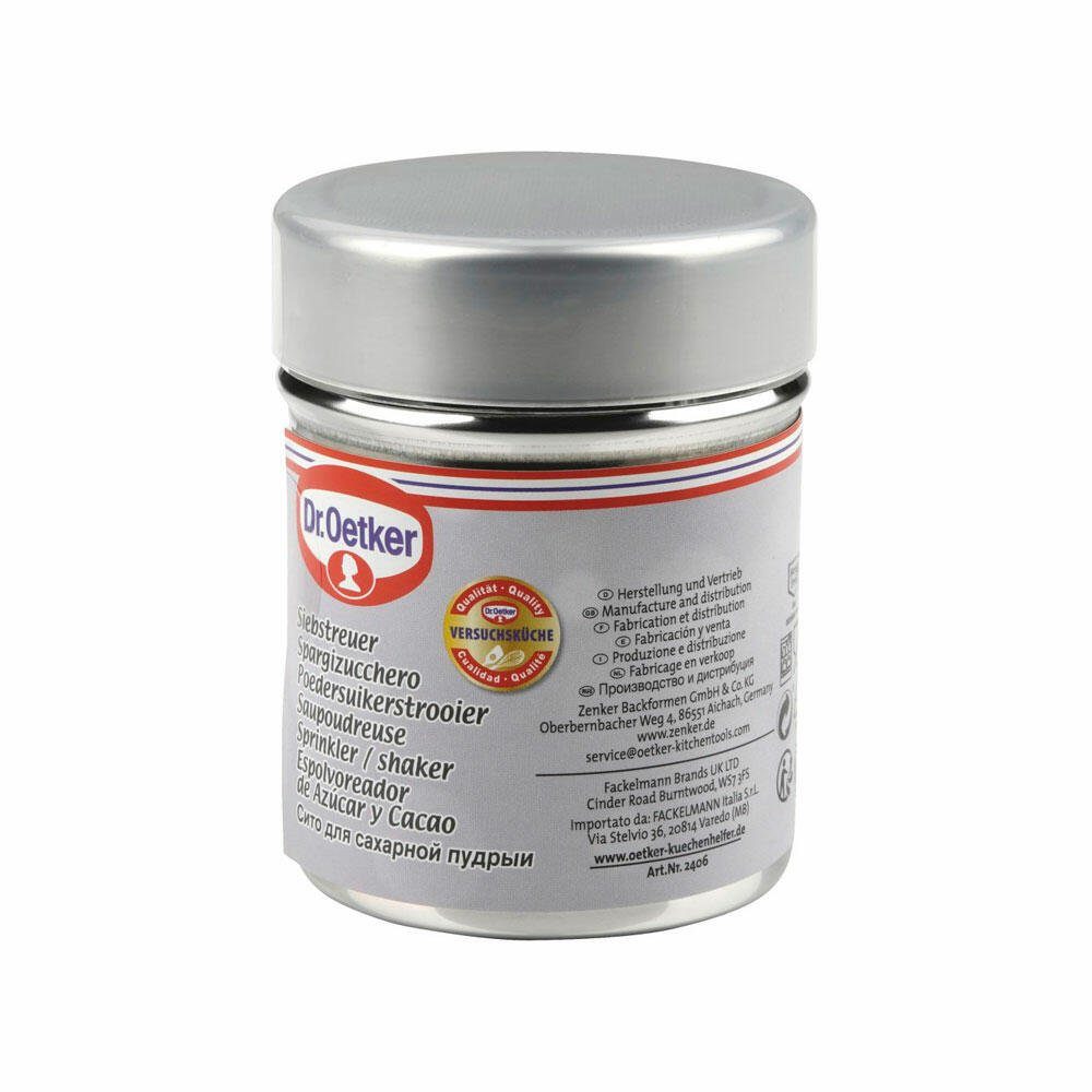 Dr. Oetker Küchenhelfer Küchensieb Siebstreuer mit Deckel 6 cm, Edelstahl, Kunststoff
