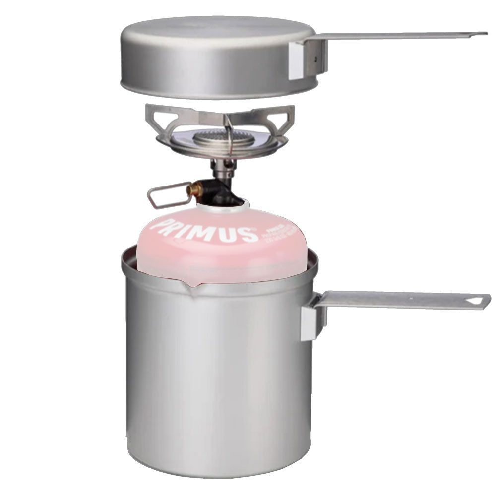 Primus Gaskocher Essential Trail Kit 1L Gaskocher Set - Grau Campingkocher, (3-St), eloxiertes Aluminium, Bratpfanne als Deckel nutzbar, abnehmbarer Griff