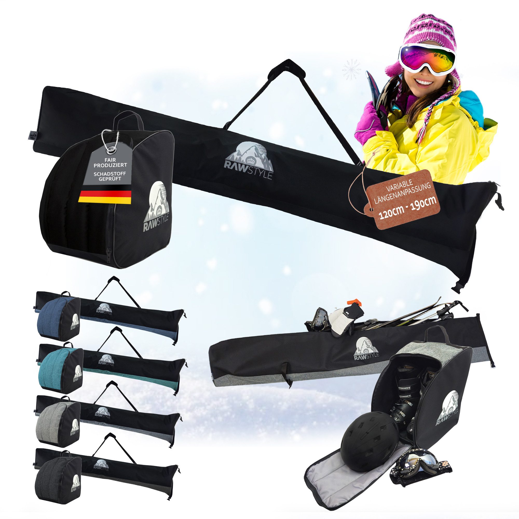 BambiniWelt by Rafael K. Skitasche Skitaschen Set Rolltop Skisack 120-190cm Skischuhe Rucksack
