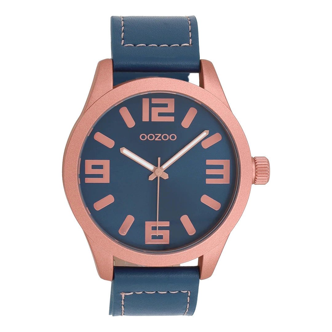 OOZOO Quarzuhr XXL Armbanduhr C0915 Blau Rosé Lederband 46 mm