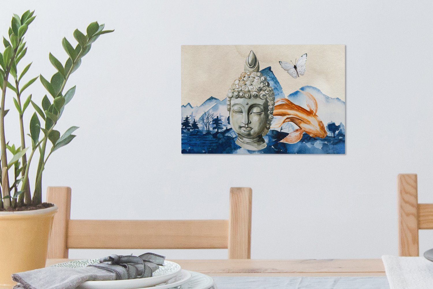 (1 Kopf Wanddeko, OneMillionCanvasses® St), - Aufhängefertig, Berg, Buddha Leinwandbild 30x20 cm Leinwandbilder, - Wandbild