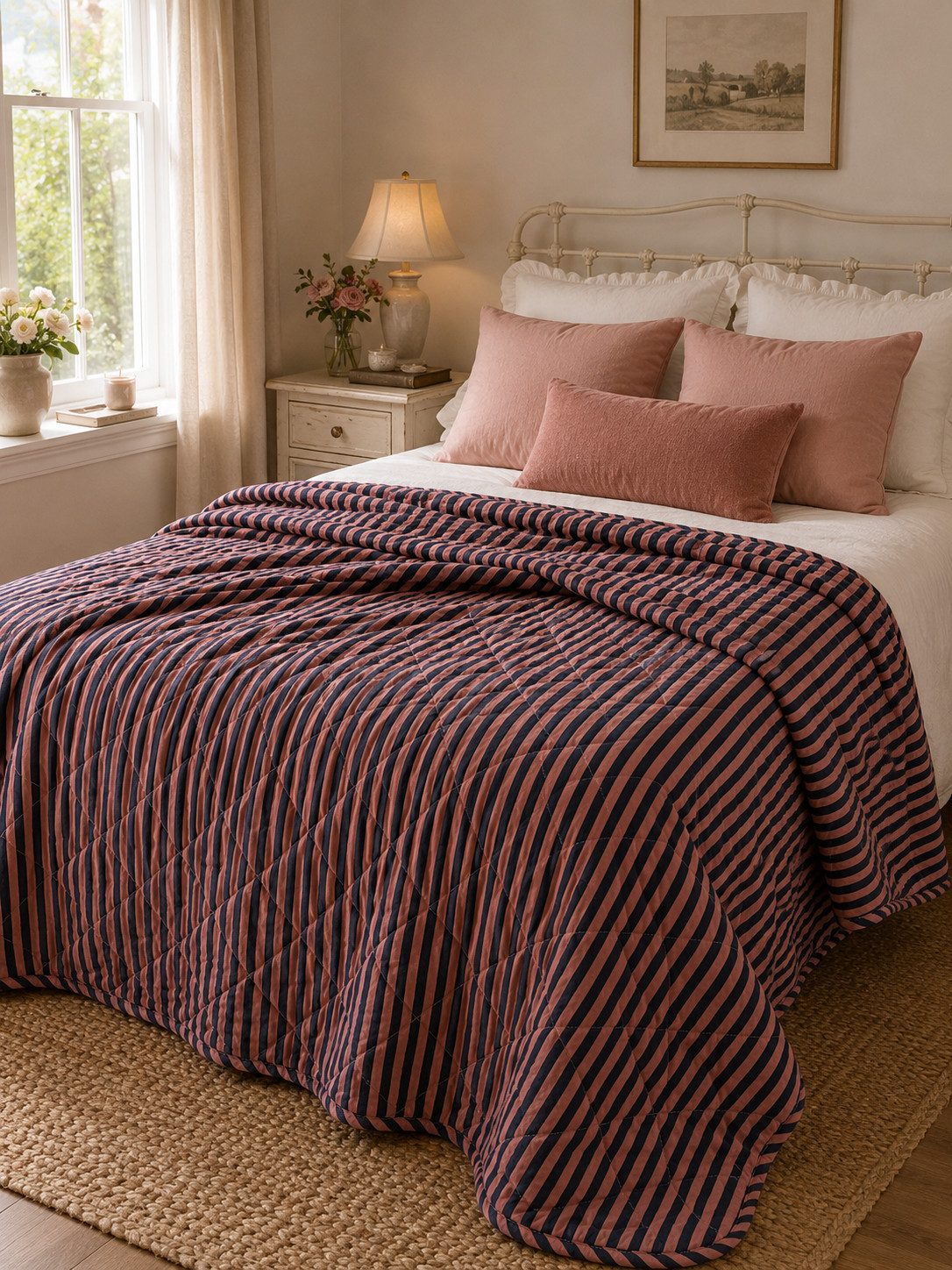 Wohndecke gestreift-staubiges Pink, AU Maison, Quilt-Optik aus Baumwolle 140 × 180 cm – Bild 2 von 3
