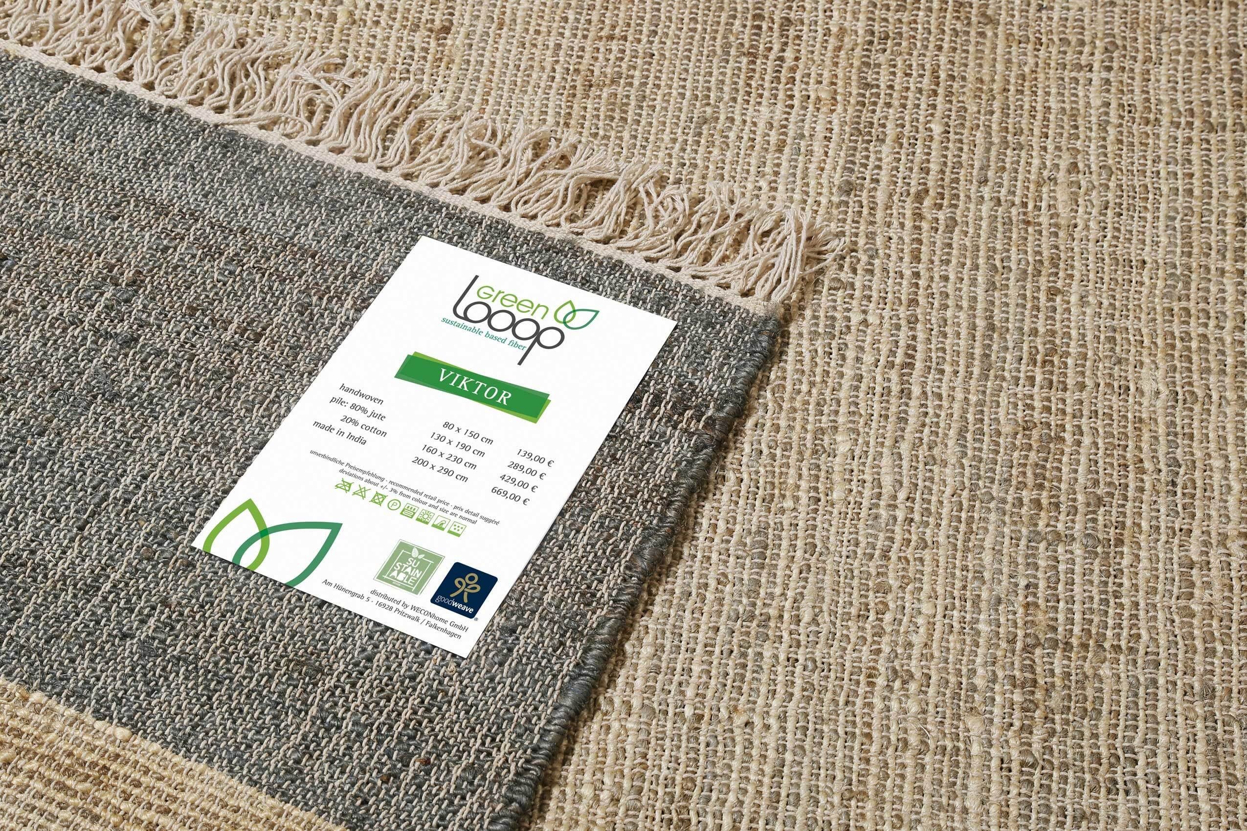 Teppich Viktor, Green Looop, 4 mit natürliches rechteckig, Höhe: mm, Fransen Handgewebter Jute-Teppich Baumwolle, Design