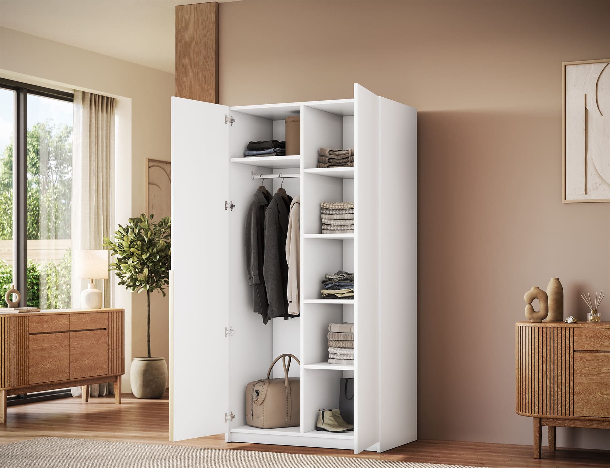 MOEBLO Drehtürenschrank Lunaro II (moderner Kleiderschrank 2-türig Schrank Garderobe Schlafzimmer, 100 cm, mit Spiegel Drehtüren Weiß Kaschmir Artisan Gold Griffe optional mit Aufsatz) (BxHxT): 100 x 204 x 58 cm
