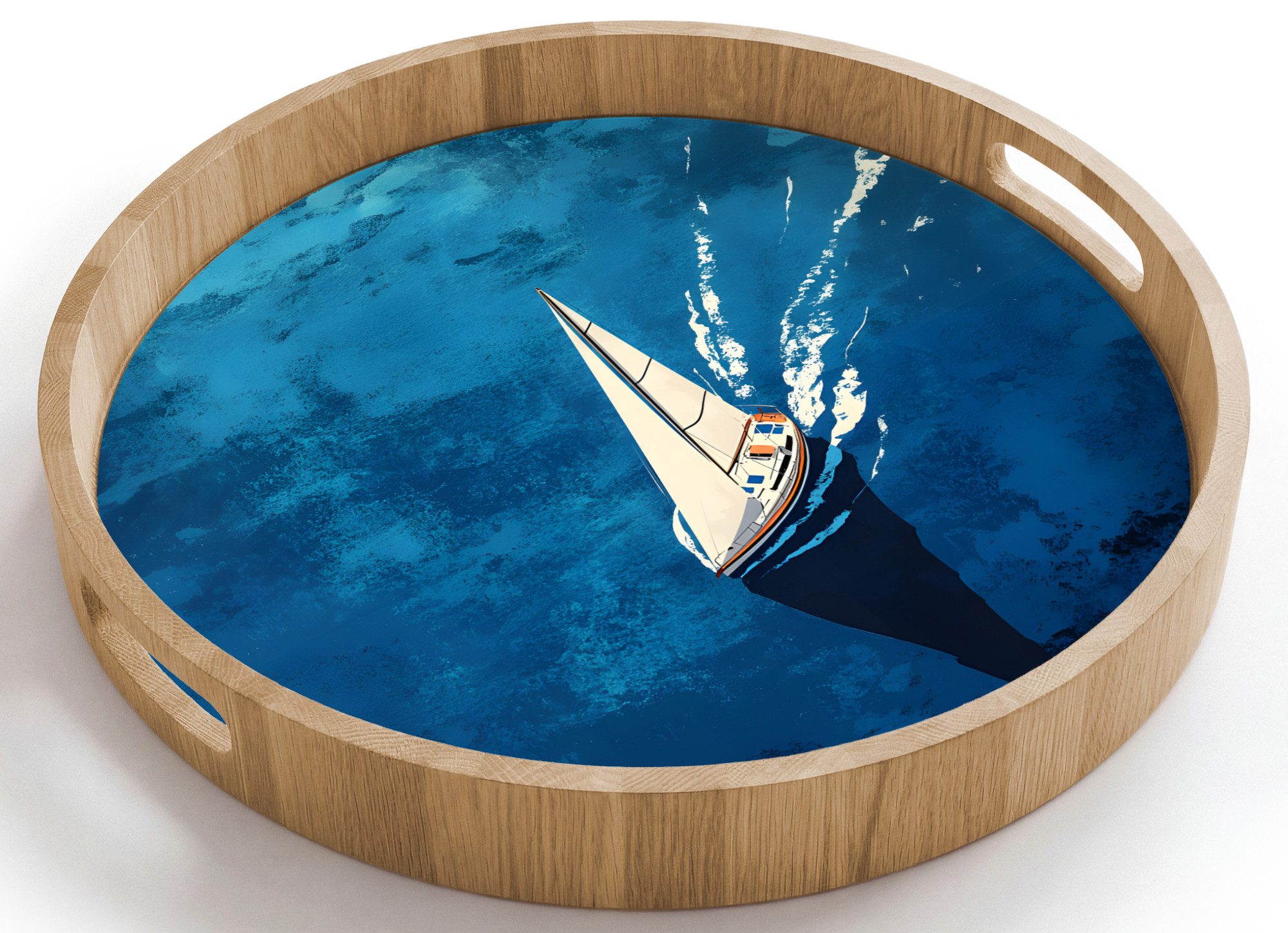 OnlyWow Tablett Rund mit Henkel Segelboot - Wasser - Abstrakt - Schatten, Eichenholz, (1-tlg), Siervierplatte, Tray, Frühstücksbrett