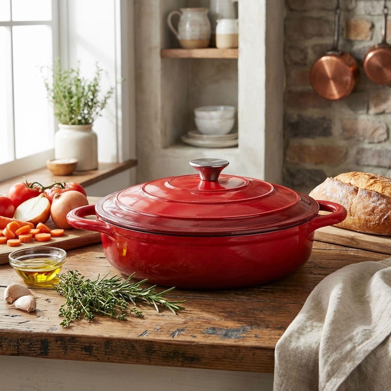 Casativo Schmortopf Gusseisen Topf 28cm Rund mit Deckel Rot 3,24L Schmortopf emailliert, Gusseisen, Ø 28 x 6,9 cm/für Induktion, Gas & Elektro/backofenfest