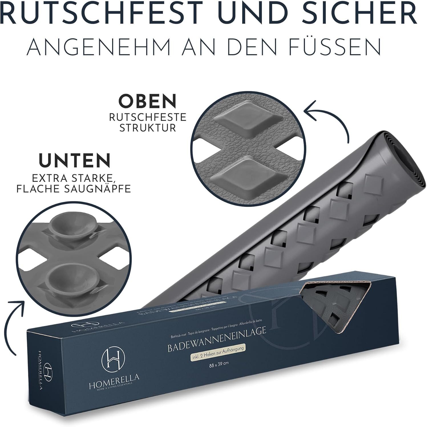 Homerella Badematte rutschfest Hautsensitiv 88x39cm, INKL. AUFHÄNGUNG, Antirutschmatte Badewanne BPA frei, Duschmatte schimmelresistent & maschinenwaschbar – Bild 4 von 5