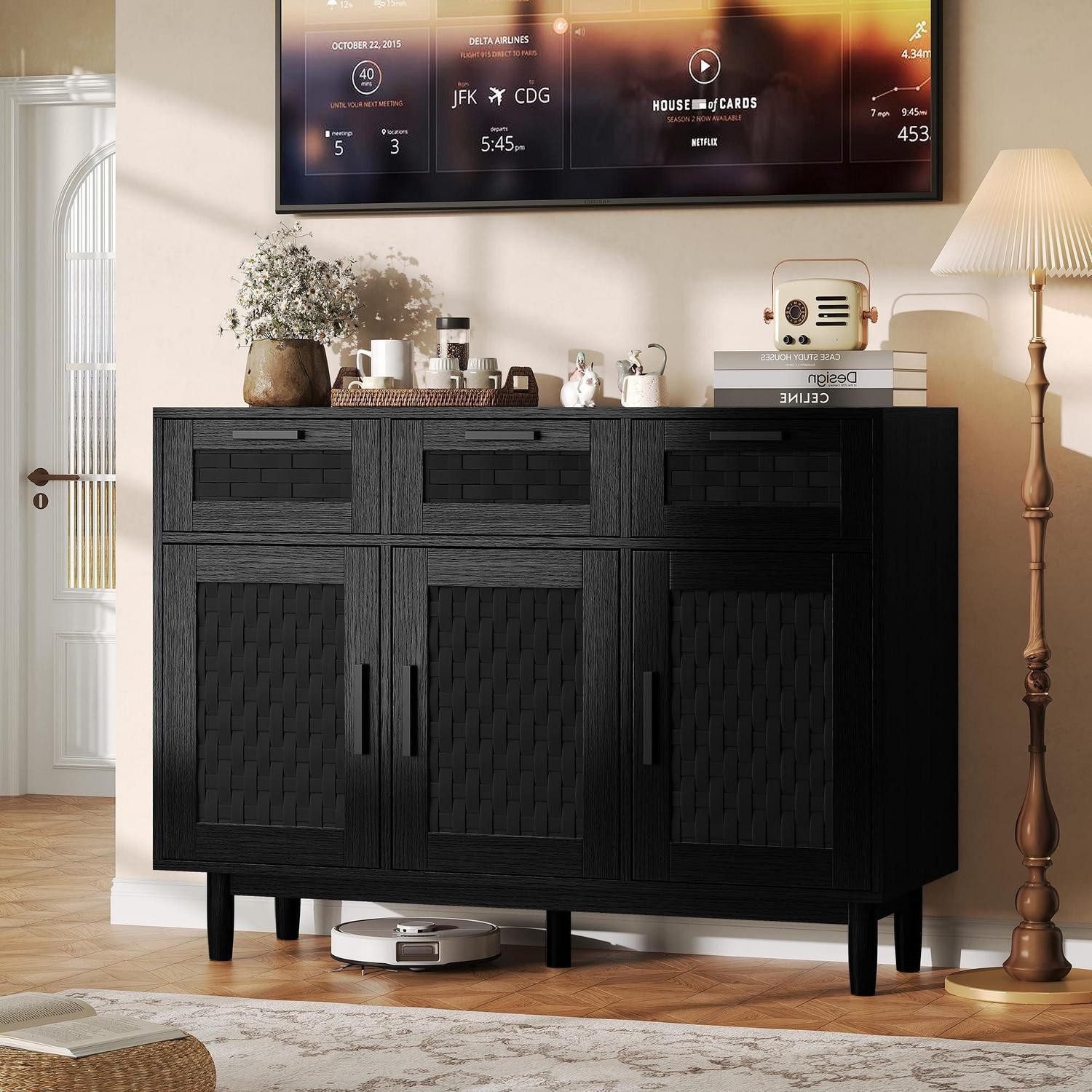 LuxusKollektion Küchenbuffet Kommode 3 Schubladen 3 Türen Boho Schwarz Sideboard 108x40x80cm, Buffetschrank
