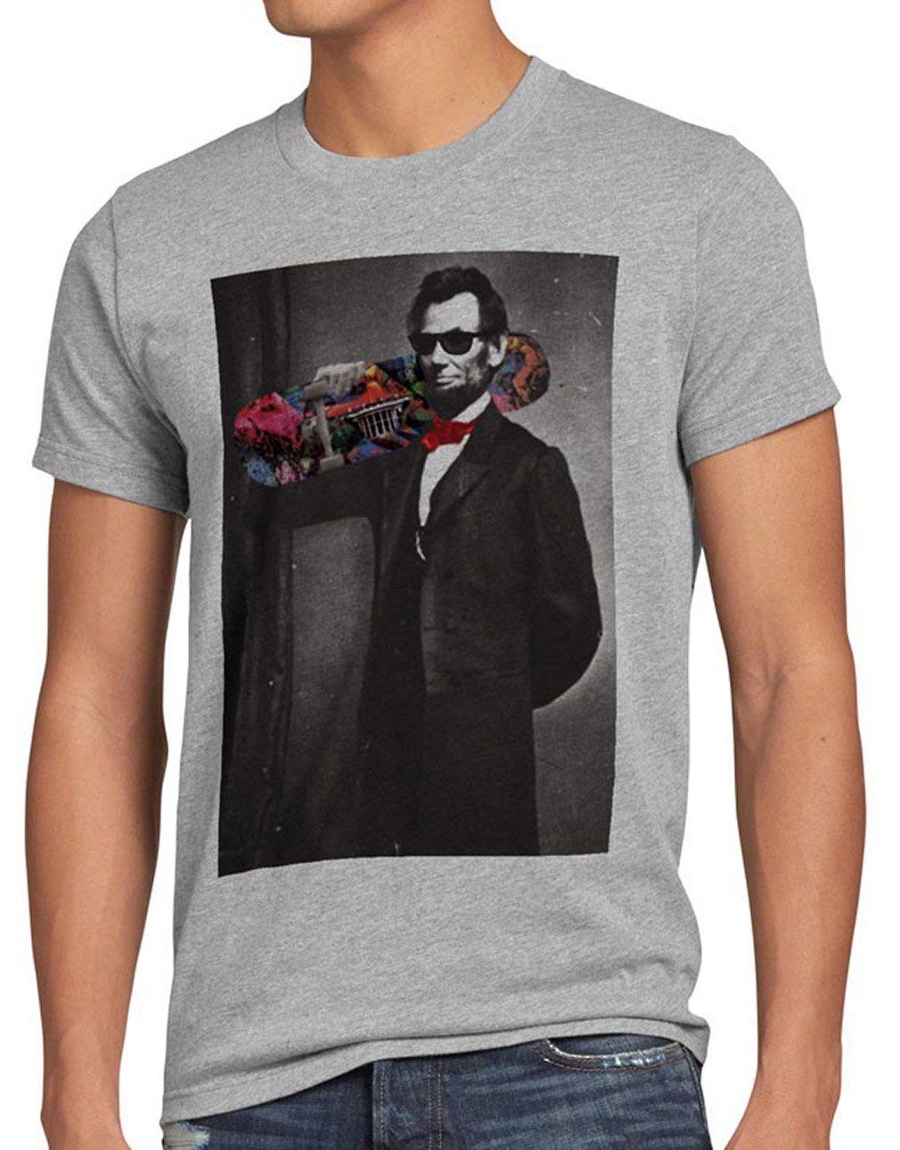 style3 Print-Shirt Herren T-Shirt Skater Abraham Lincoln President USA United States Amerika US Skateboard grau meliert