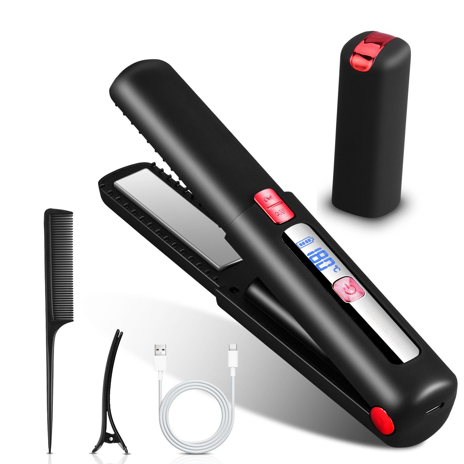 CkeyiN Mini-Reiseglätteisen kabelloser Haarglätter 2-in-1-Haarglätter Locken & Glätten 160℃-220℃ Keramik-Beschichtung, Nass- und Trockenanwendung, 7 Temperaturstufen, mit Hitzeschild Sicherheitsschalter LCD-Anzeige
