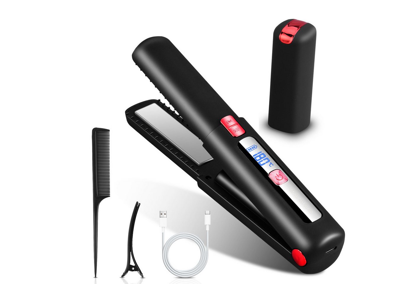 CkeyiN Mini-Reiseglätteisen kabelloser Haarglätter 2-in-1-Haarglätter Locken & Glätten 160℃-220℃ Keramik-Beschichtung, Nass- und Trockenanwendung, 7 Temperaturstufen, mit Hitzeschild Sicherheitsschalter LCD-Anzeige