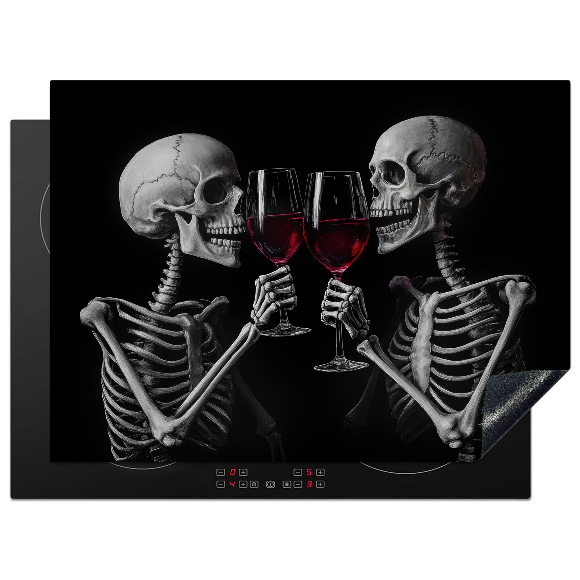 MuchoWow Herd-Abdeckplatte Skelette - Wein - Prost - Totenkopf - Schwarz, Vinyl, (1 tlg), Küche Herdabdeckung Ceranfeld Induktionsfeld Vinyl, 65x50 cm