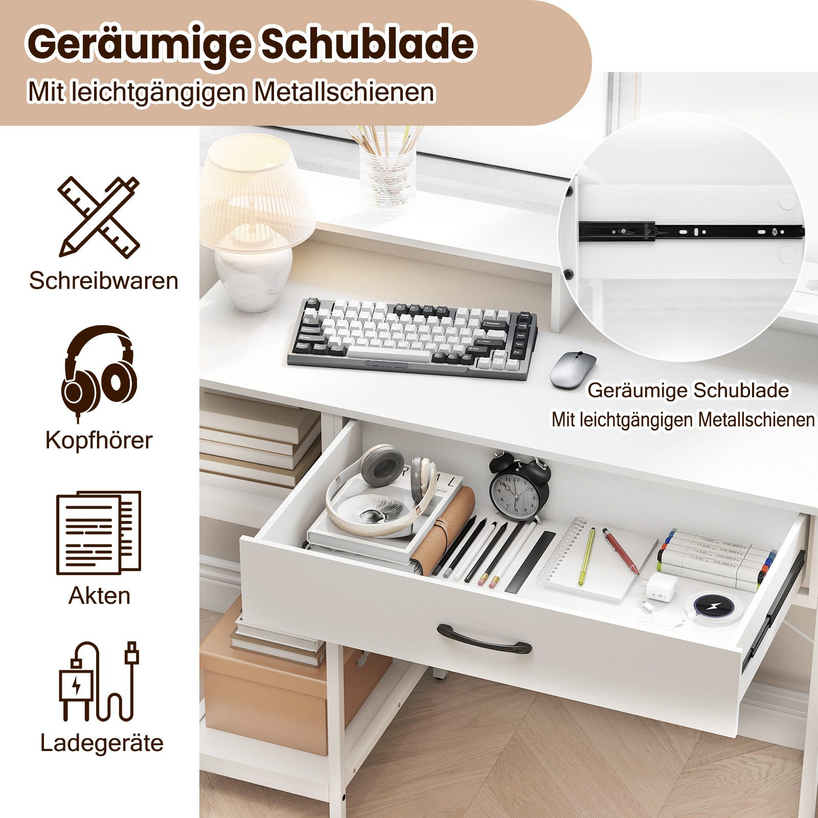 KOMFOTTEU Schreibtisch, Computertisch mit abnehmbaren Regal, integrierter Ladestation