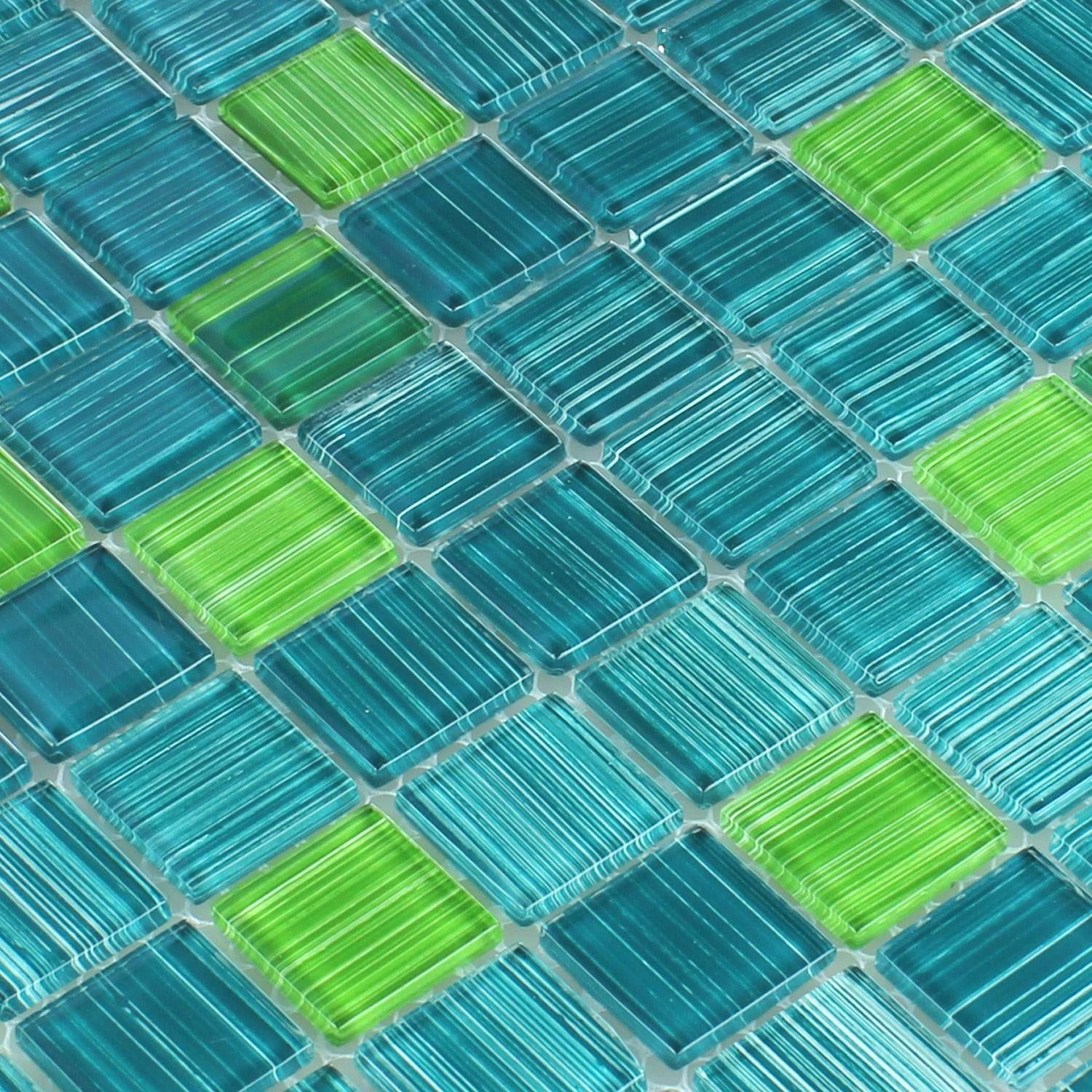 Mosafil Mosaikfliesen Glasmosaik Fliesen Lafayette Gestreift, Glas 32.700x30.200, grün-blau, Verlegefertig auf ein Netz geklebt - Frostsicher - Wasserfest