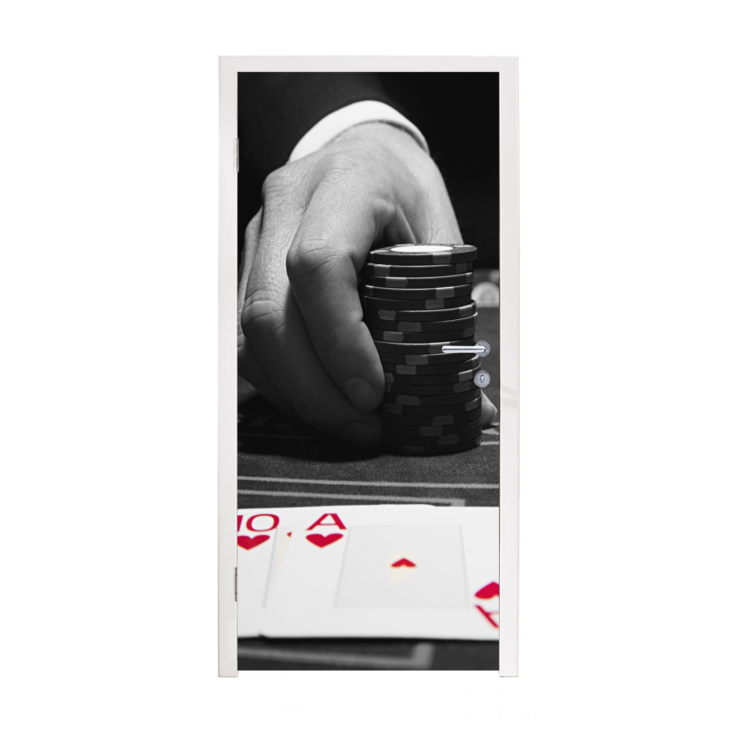 MuchoWow Türtapete Ein Blatt mit Chips und Spielkarten, Matt, bedruckt, (1 St), Fototapete für Tür, Türaufkleber, 75x205 cm