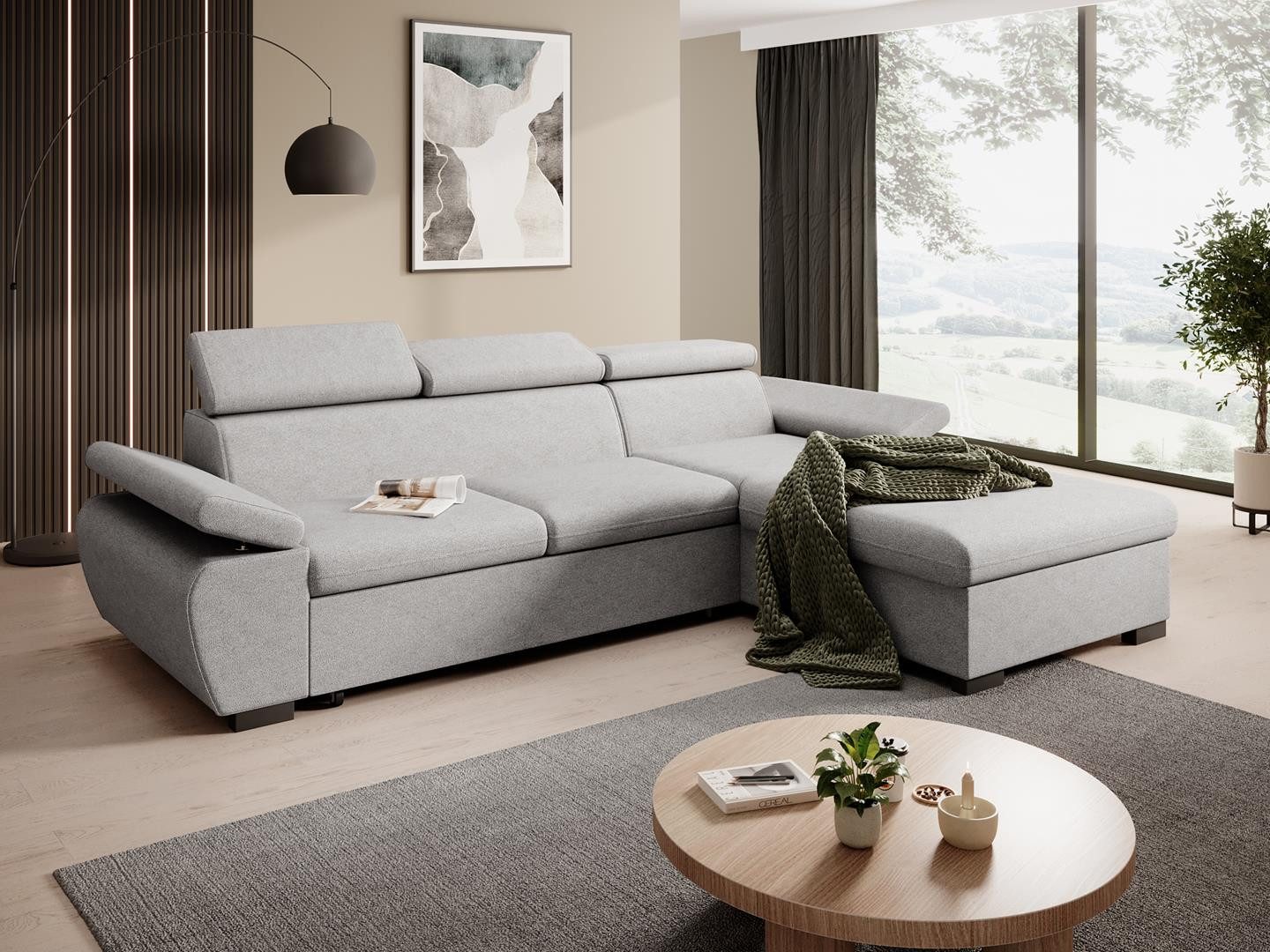 Beautysofa Ecksofa COCO mit Schlaffunktion und Bettkasten, verstellbaren Kopfstützen und Armlehe - Tierfreundlicher Stoff