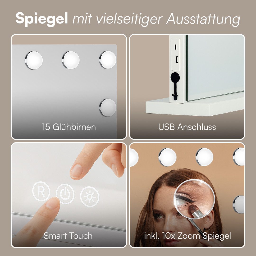 Bellamio Schminkspiegel Livny mit und ohne dimmbarer LED-Beleuchtung (15 LED-Glühbirnen, USB-Ladeanschluss, Vergrößerungsspiegel, Wandmontage/Freistehend), Hollywood Spiegel mit 3 Farbtemperaturen & Touchscreen