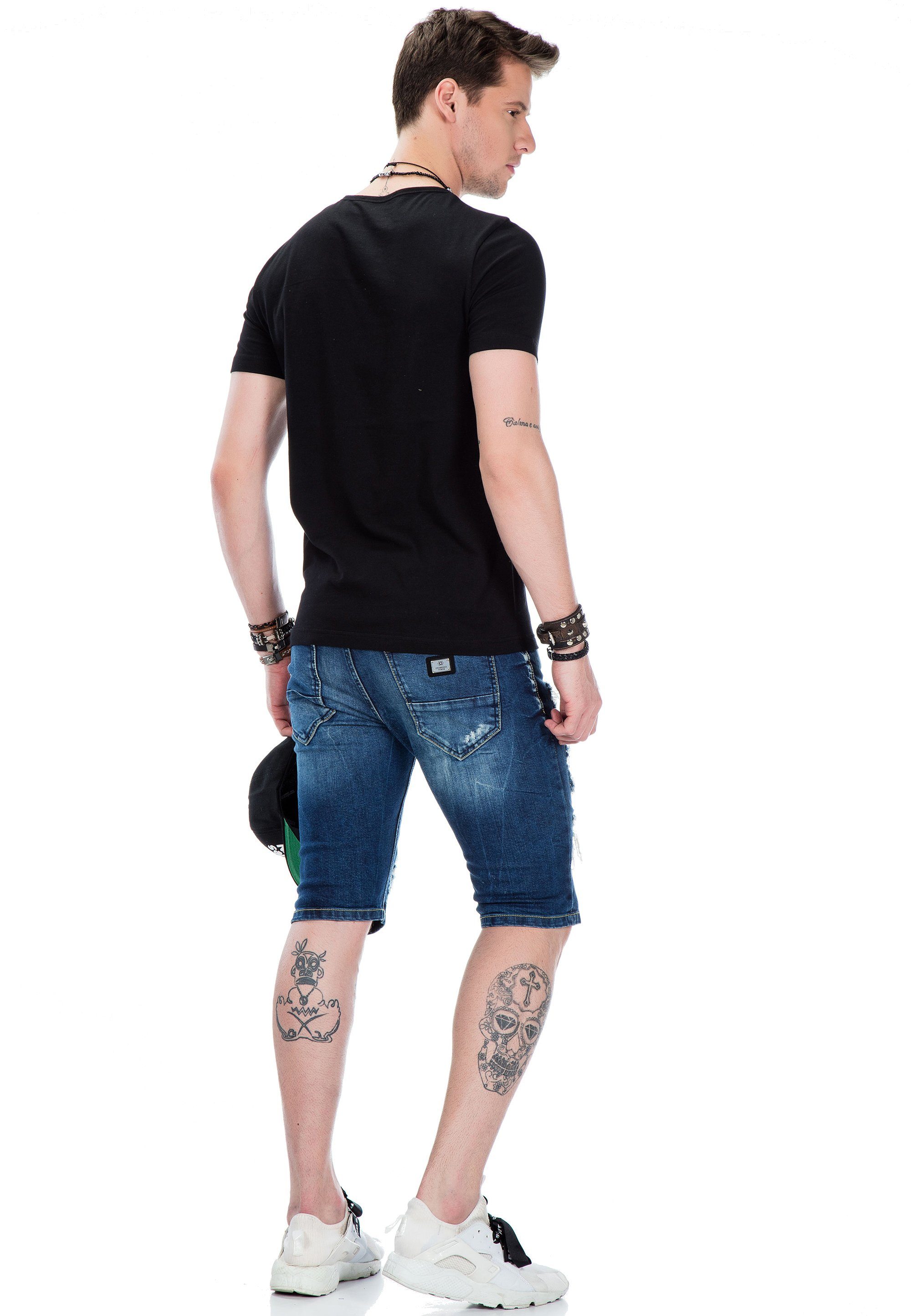 glänzendem Cipo T-Shirt schwarz Foliendruck mit & Baxx