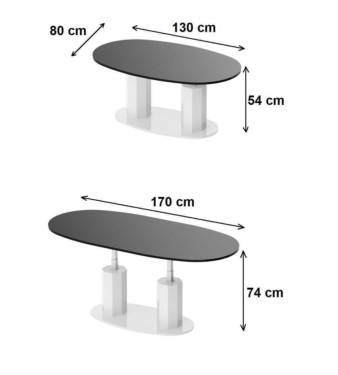 stufenlos oval Hochglanz designimpex Couchtisch höhenverstellbar HBL-111 Design Schwarz Couchtisch ausziehbar