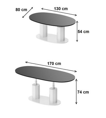 designimpex Couchtisch Design Couchtisch HBL-111 stufenlos höhenverstellbar ausziehbar oval