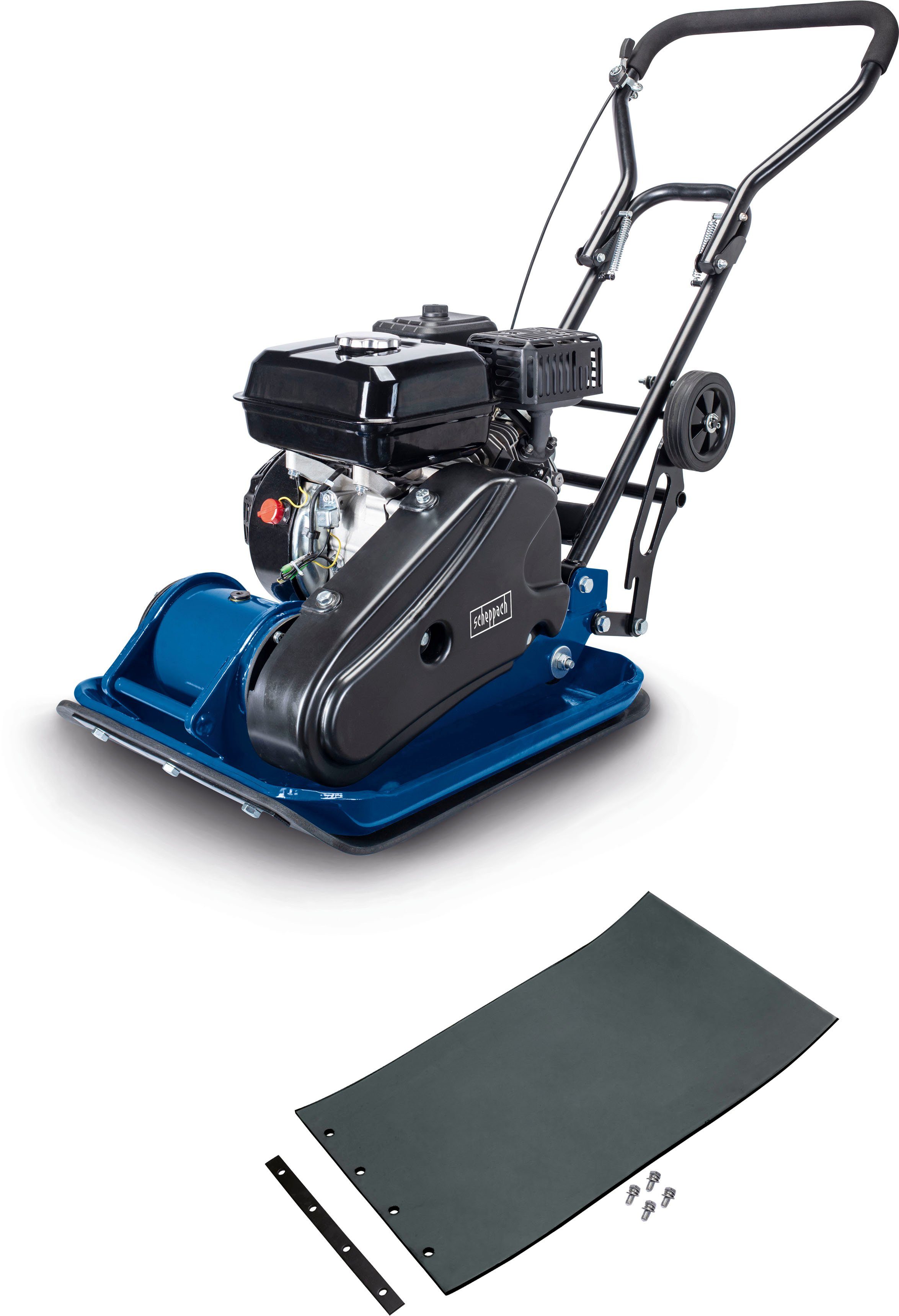 Scheppach Rüttelplatte HP1400s, (LxB) 49x32 cm, 13000 N, 2,0 PS, 4-Takt-Benzinmotor,inkl. Fahrvorrichtung & Gummimatte