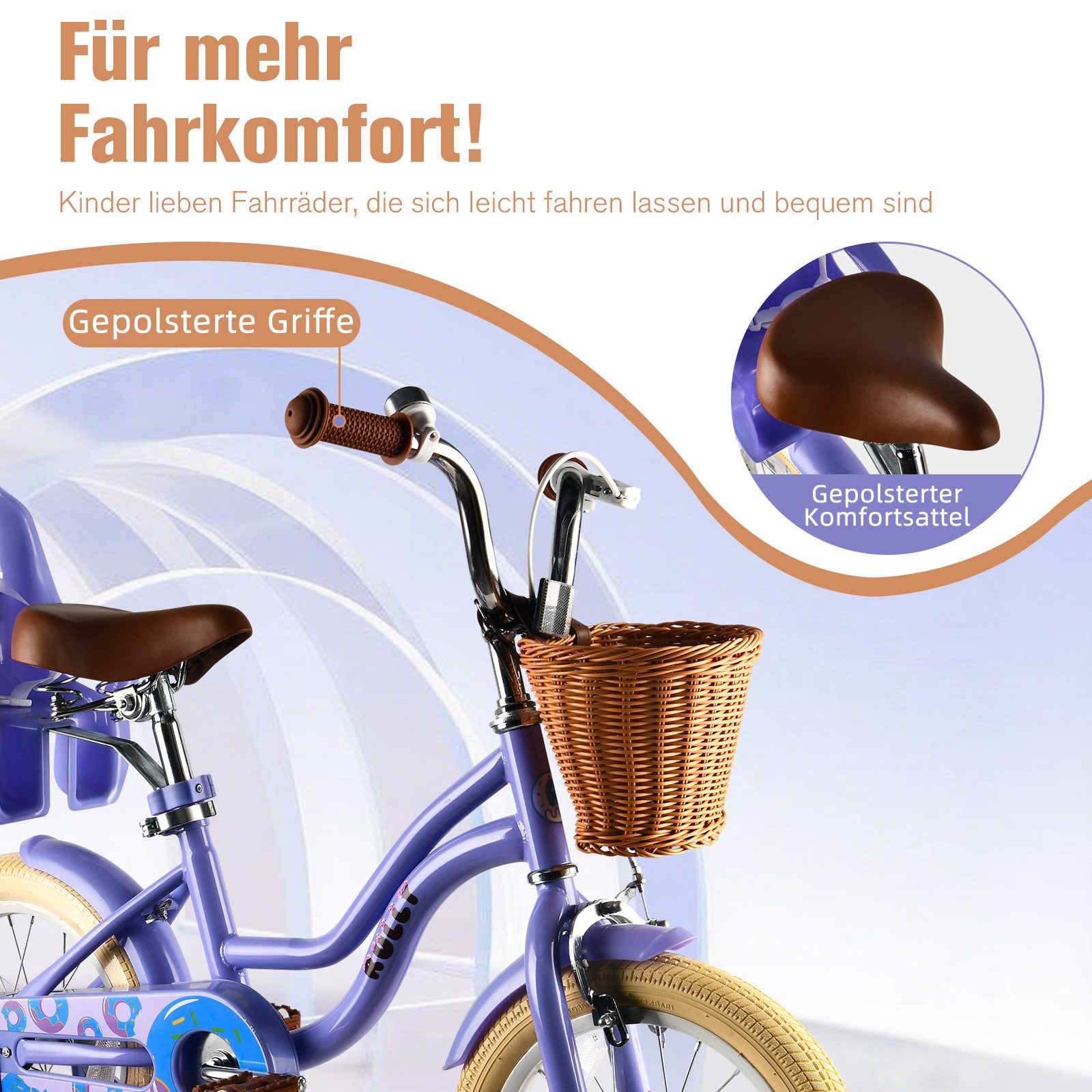 Vankel Kinderfahrrad 12–16 Zoll, Korb, Puppensitz & Stützräder, 1 Gang, für ca. 2–3 Jahre, 81–97 cm